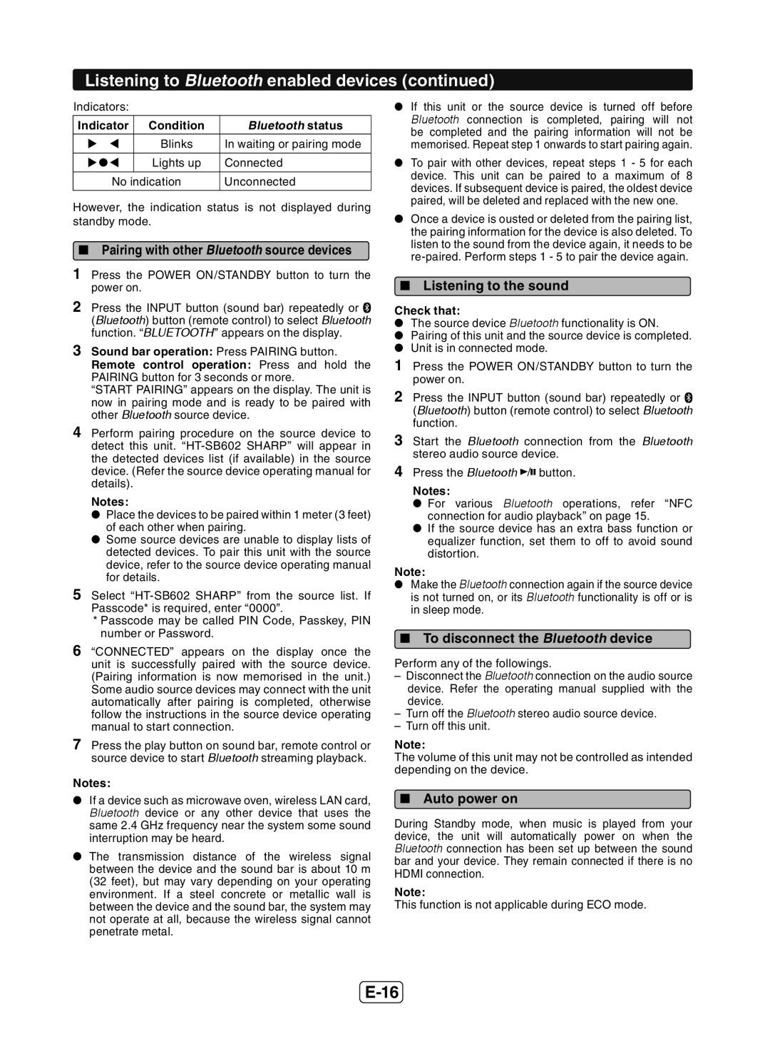 Sharp HT-SB602  Listening to the sound,  To disconnect the Bluetooth device,  Auto power on, Indicator Condition 