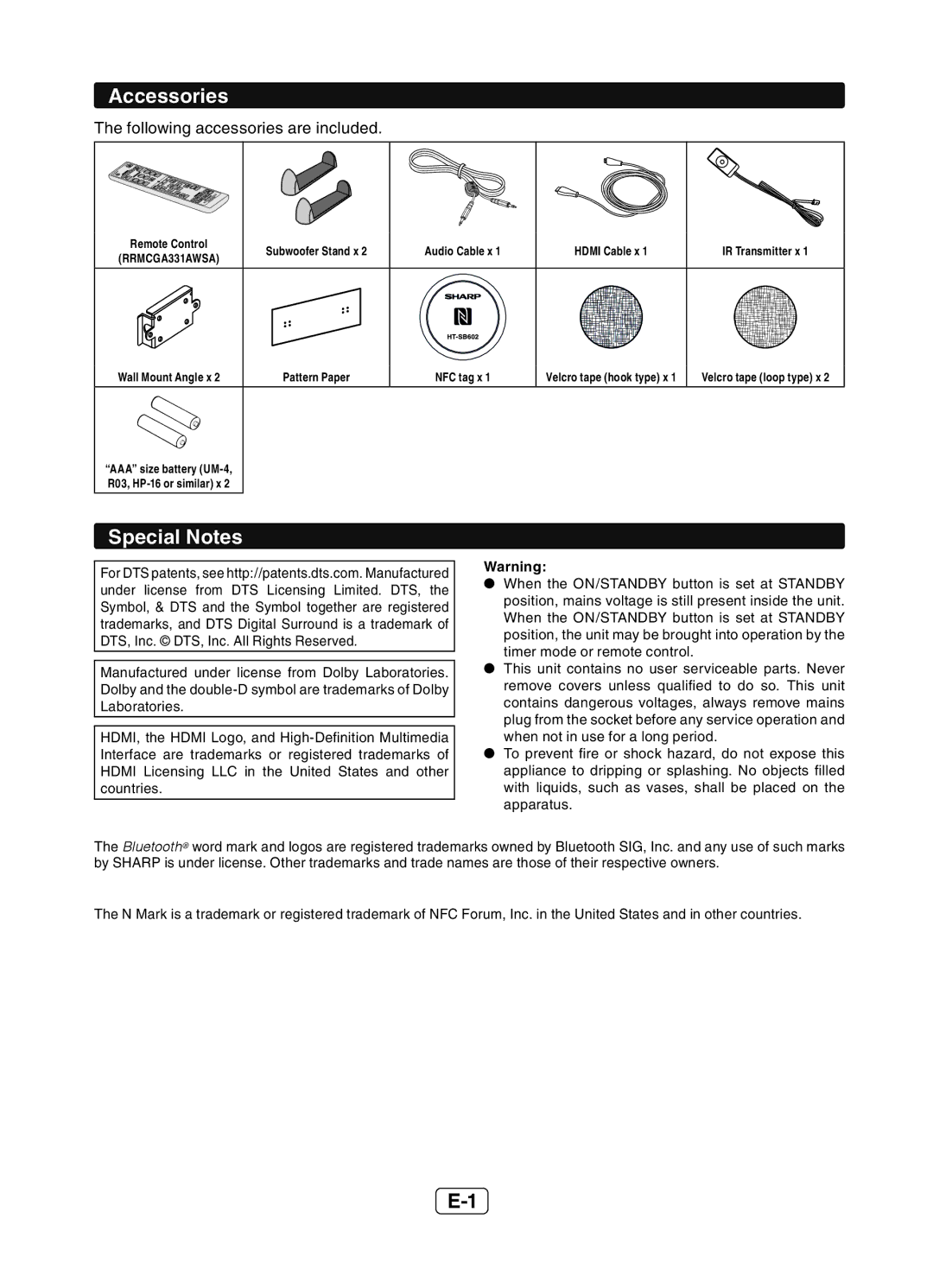 Sharp HT-SB602 operation manual Accessories, Special Notes, Following accessories are included 