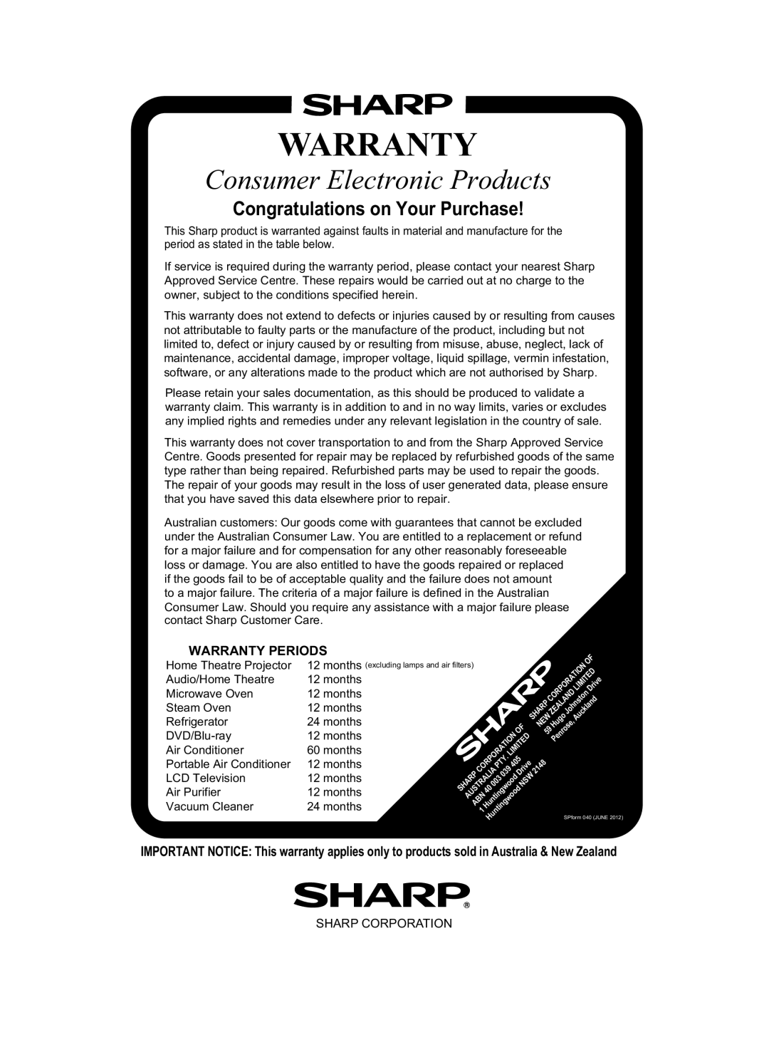 Sharp HT-SB602 operation manual Warranty 