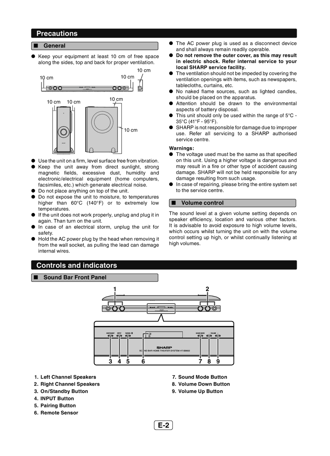 Sharp HT-SB602 operation manual Precautions, Controls and indicators,  General,  Volume control,  Sound Bar Front Panel 