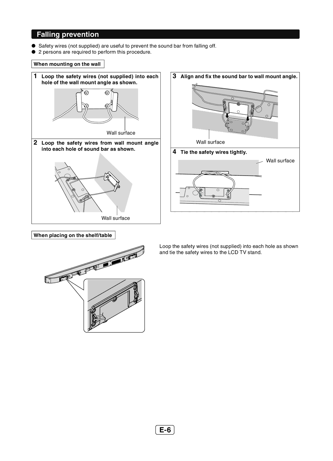 Sharp HT-SB602 operation manual Falling prevention, Tie the safety wires tightly, When placing on the shelf/table 