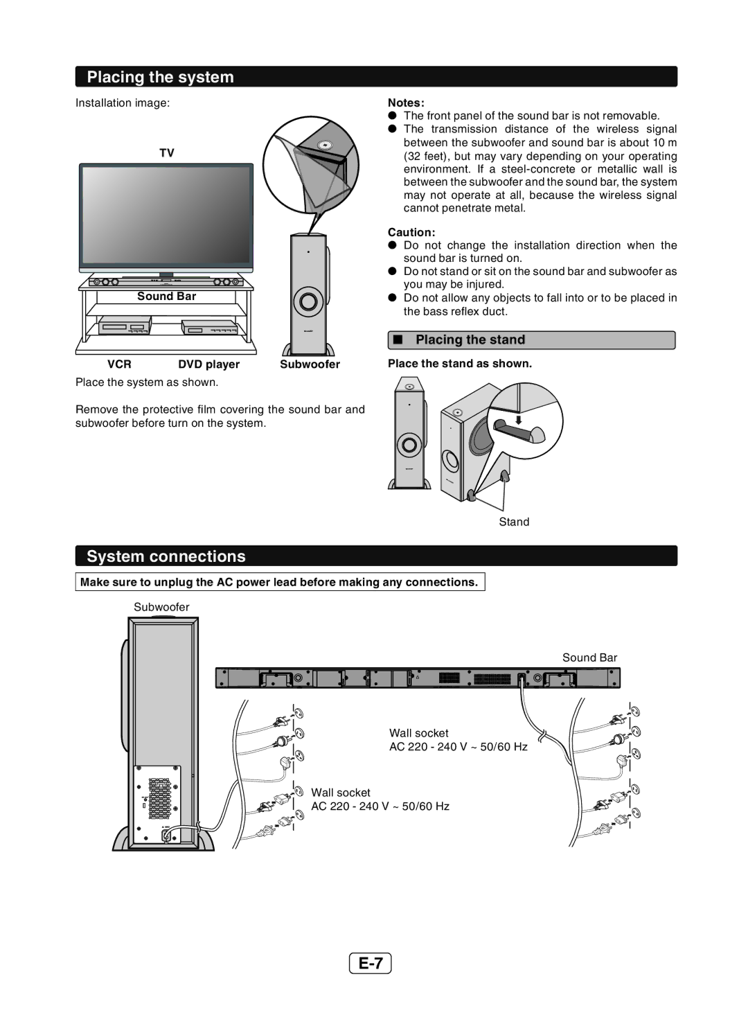 Sharp HT-SB602 operation manual Placing the system, System connections,  Placing the stand 