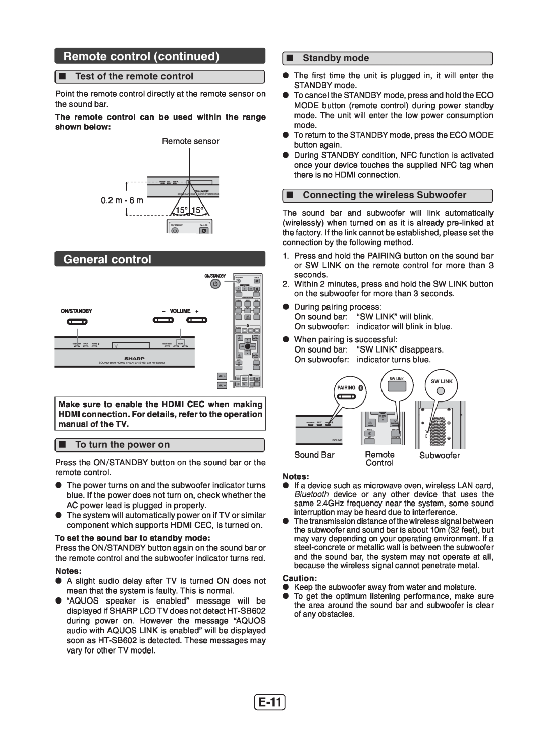 Sharp HT-SB602 operation manual Remote control continued, General control, E-11 