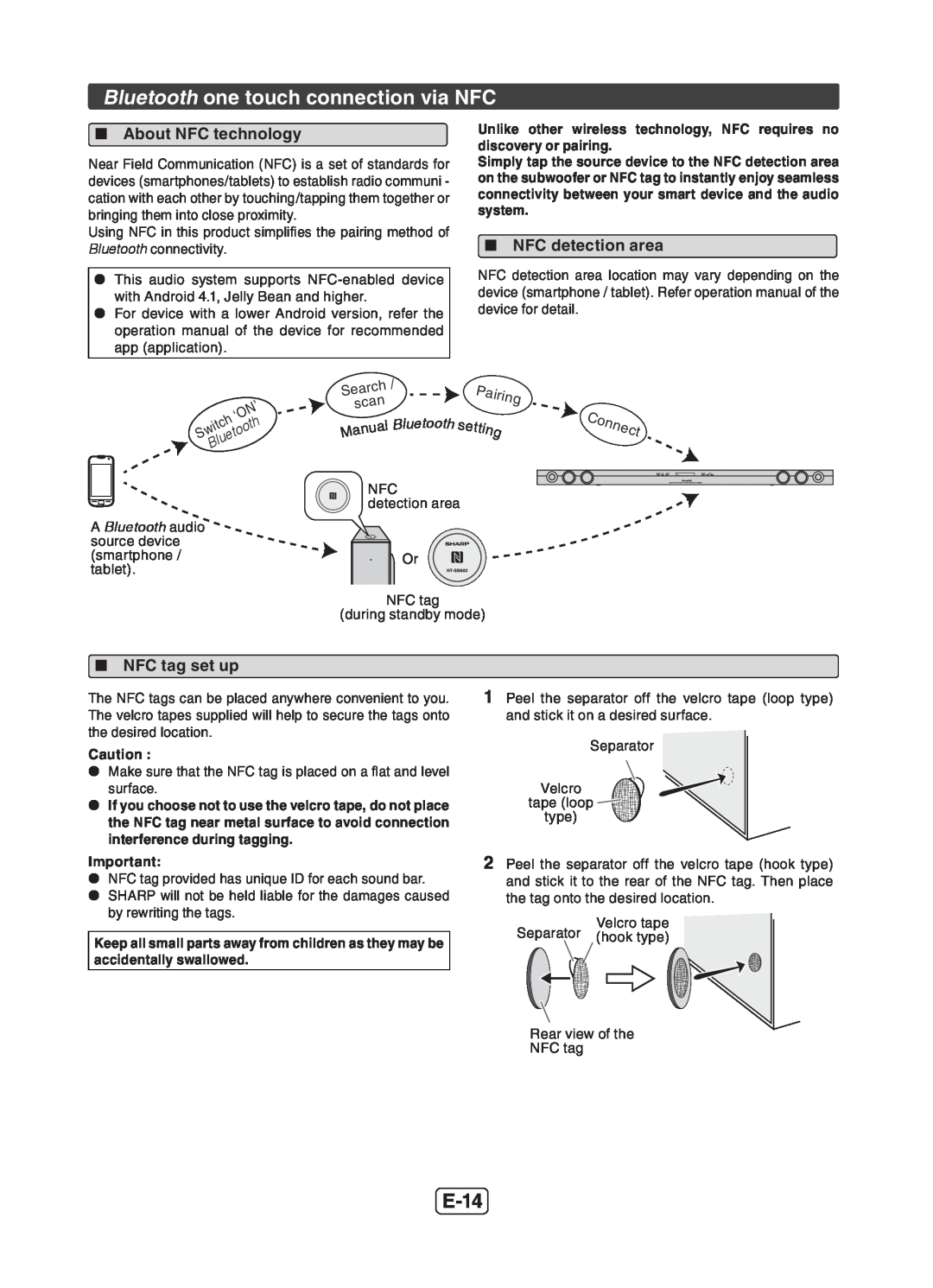 Sharp HT-SB602 operation manual Bluetooth one touch connection via NFC, E-14, Connect, l Blu, tooth s 