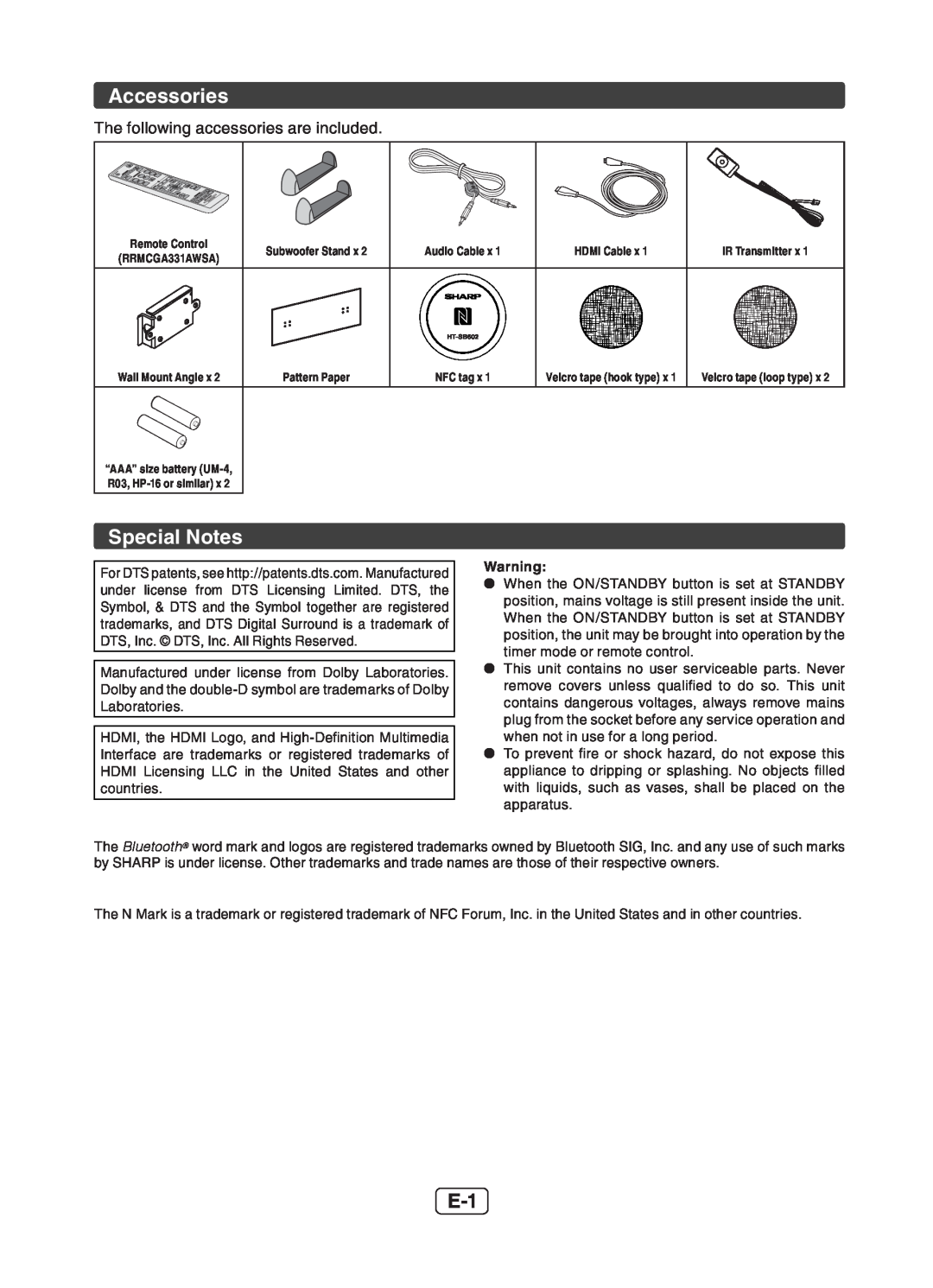 Sharp HT-SB602 operation manual Accessories, Special Notes 