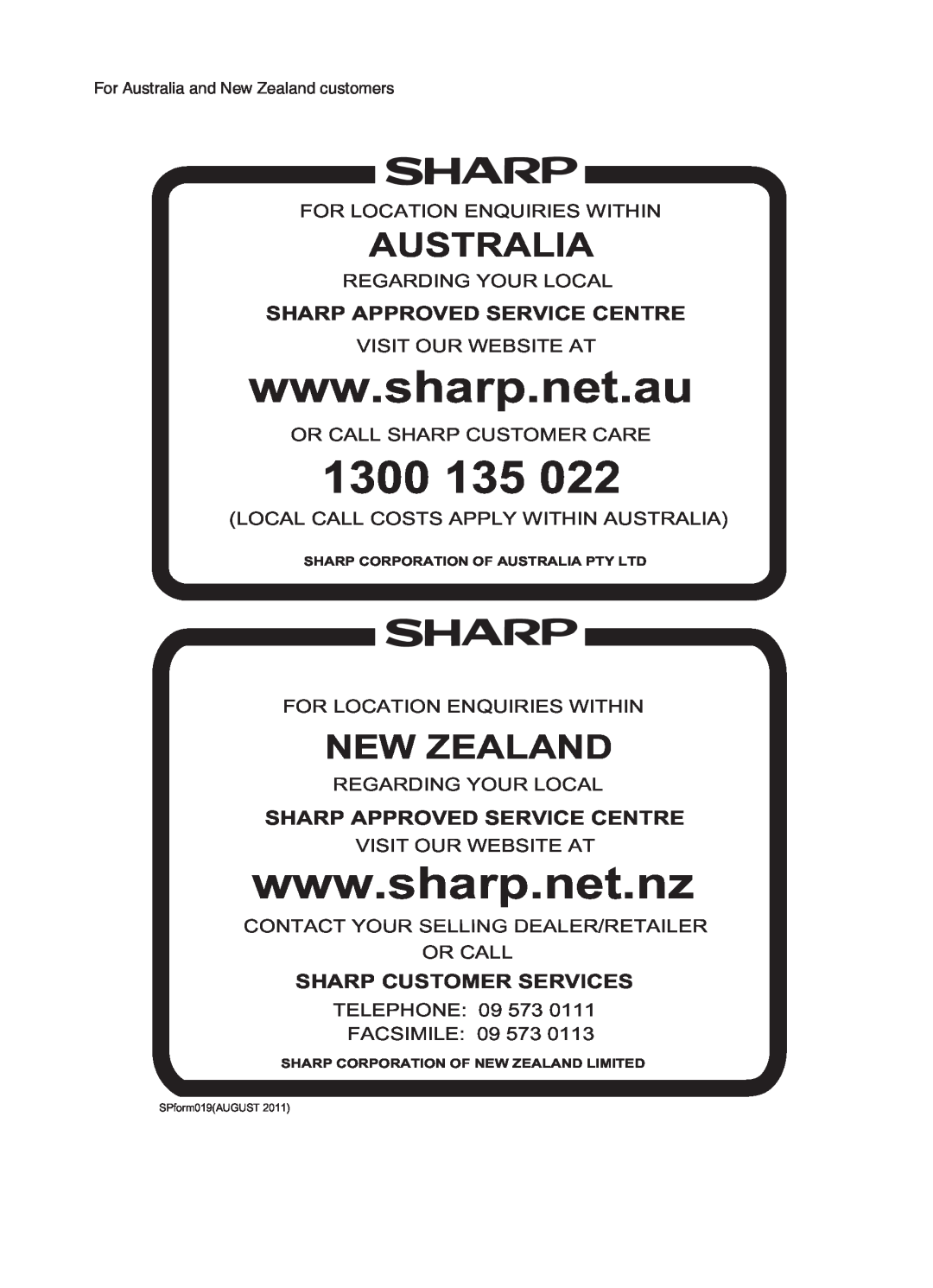 Sharp HT-SB602 operation manual 1300, Australia, New Zealand, Sharp Approved Service Centre, Sharp Customer Services 