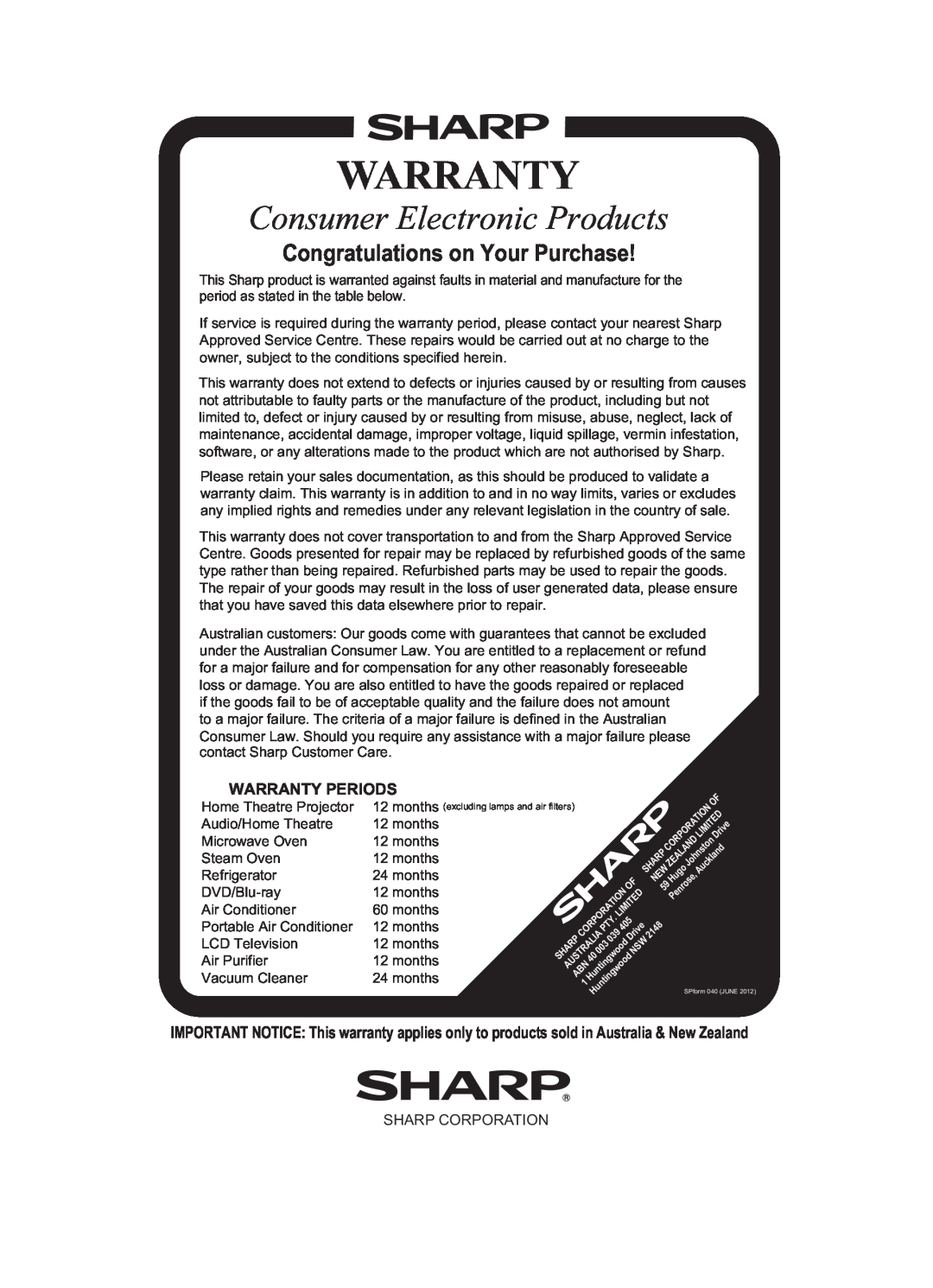 Sharp HT-SB602 Consumer Electronic Products, Congratulations on Your Purchase, Warranty Periods, Sharp Corporation 