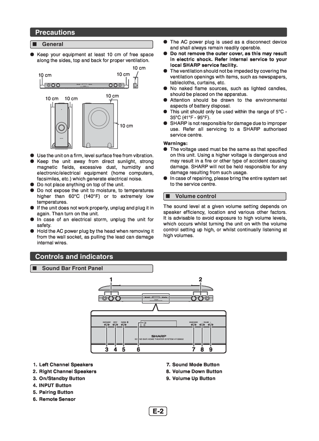 Sharp HT-SB602 operation manual Precautions, Controls and indicators 