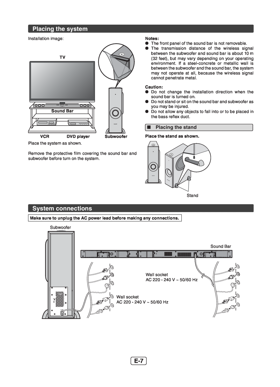 Sharp HT-SB602 operation manual Placing the system, System connections 