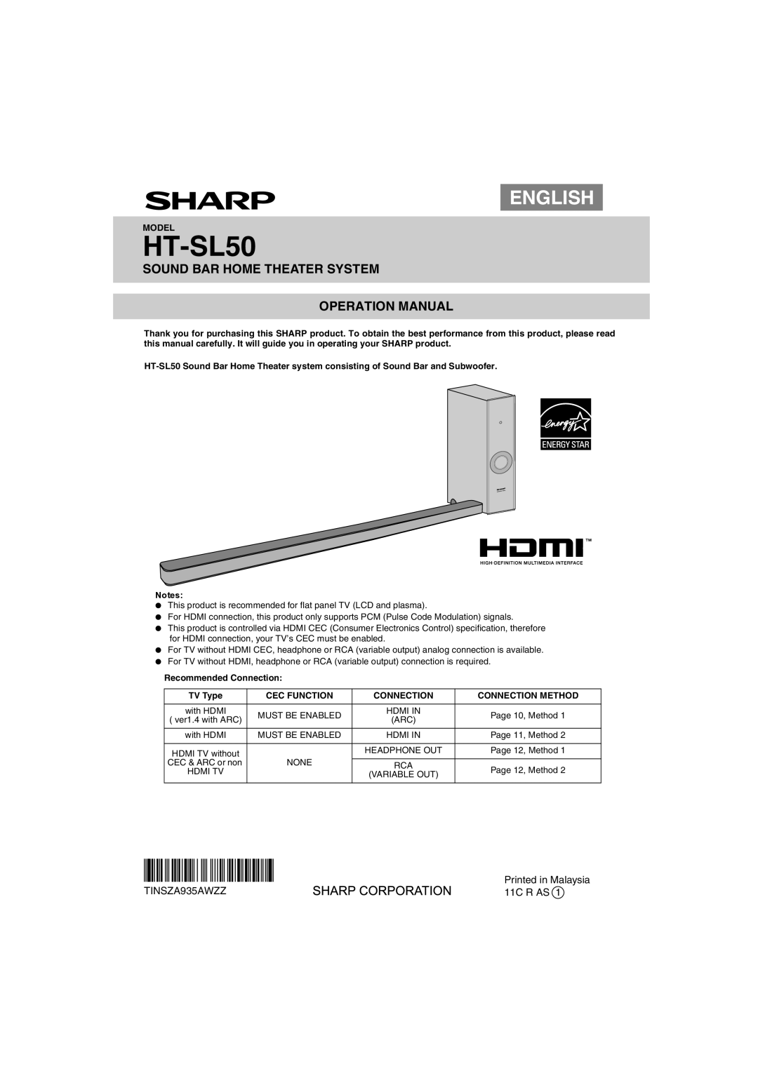 Sharp HT-SL50 operation manual Recommended Connection TV Type 