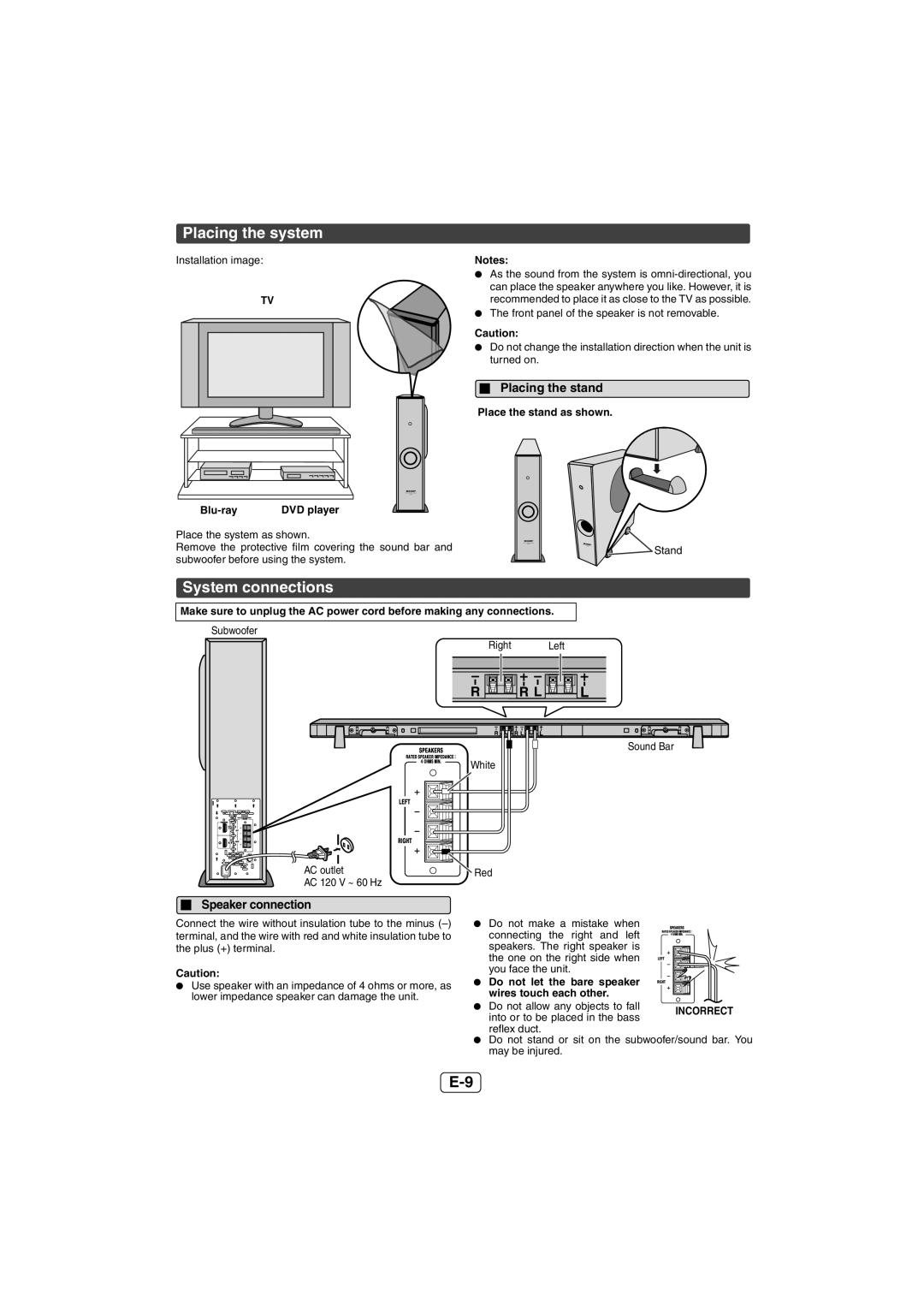 Sharp HT-SL50 operation manual Placing the system, System connections, Placing the stand, Speaker connection 