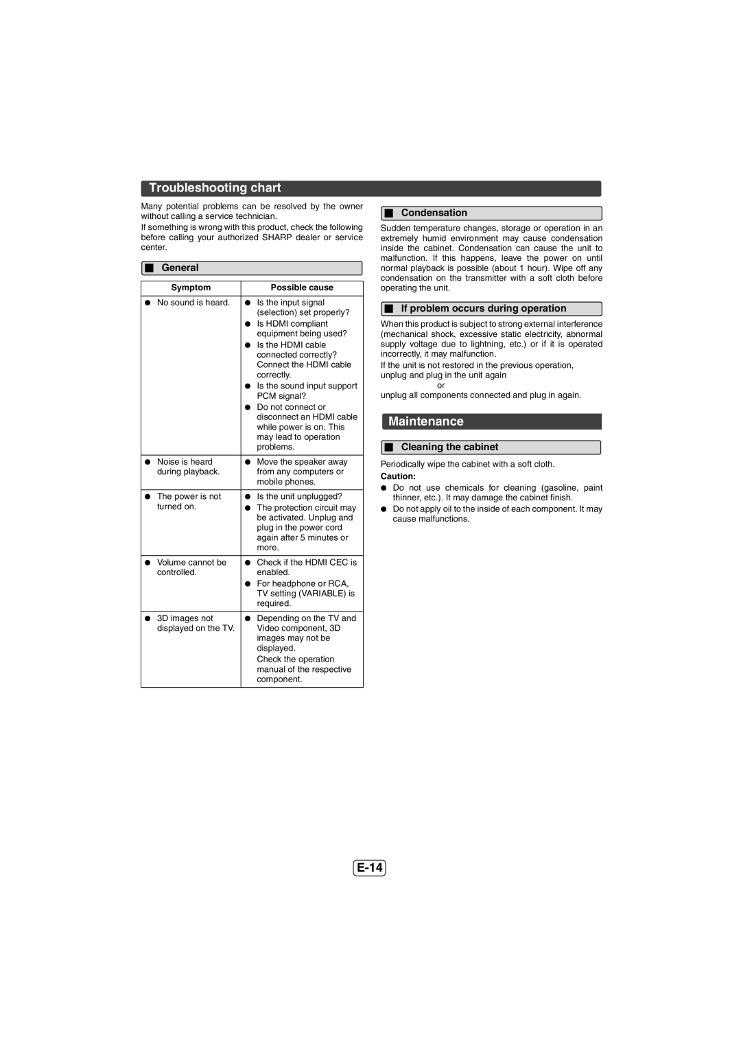 Sharp HT-SL50 Troubleshooting chart, Maintenance, Condensation, If problem occurs during operation, Cleaning the cabinet 