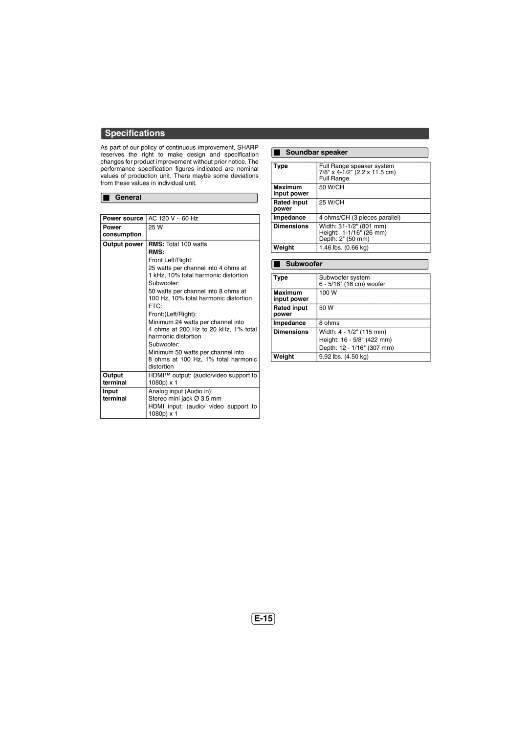 Sharp HT-SL50 operation manual Specifications, Soundbar speaker 