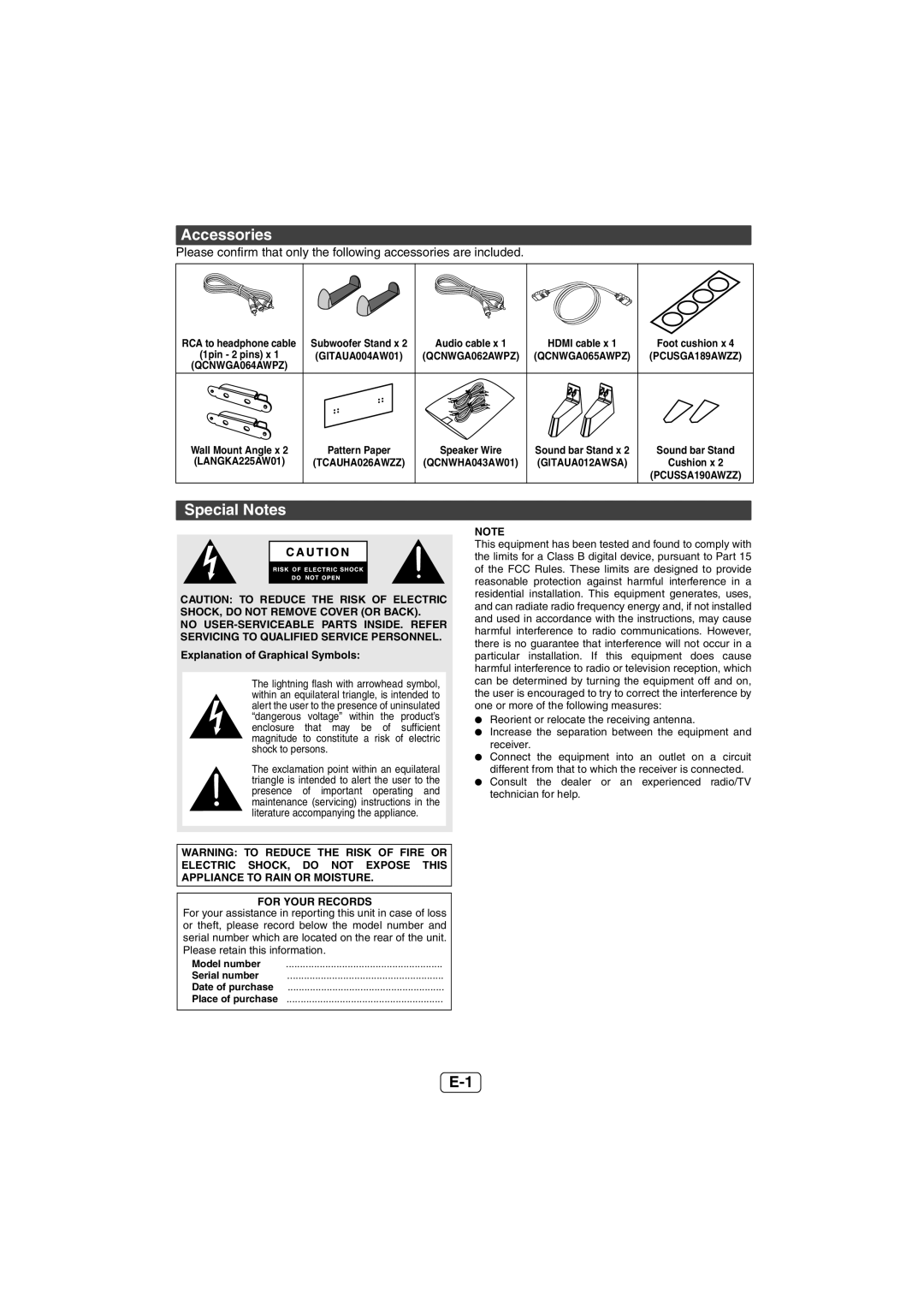 Sharp HT-SL50 operation manual Accessories, Special Notes, Sound bar Stand Cushion x, Explanation of Graphical Symbols 