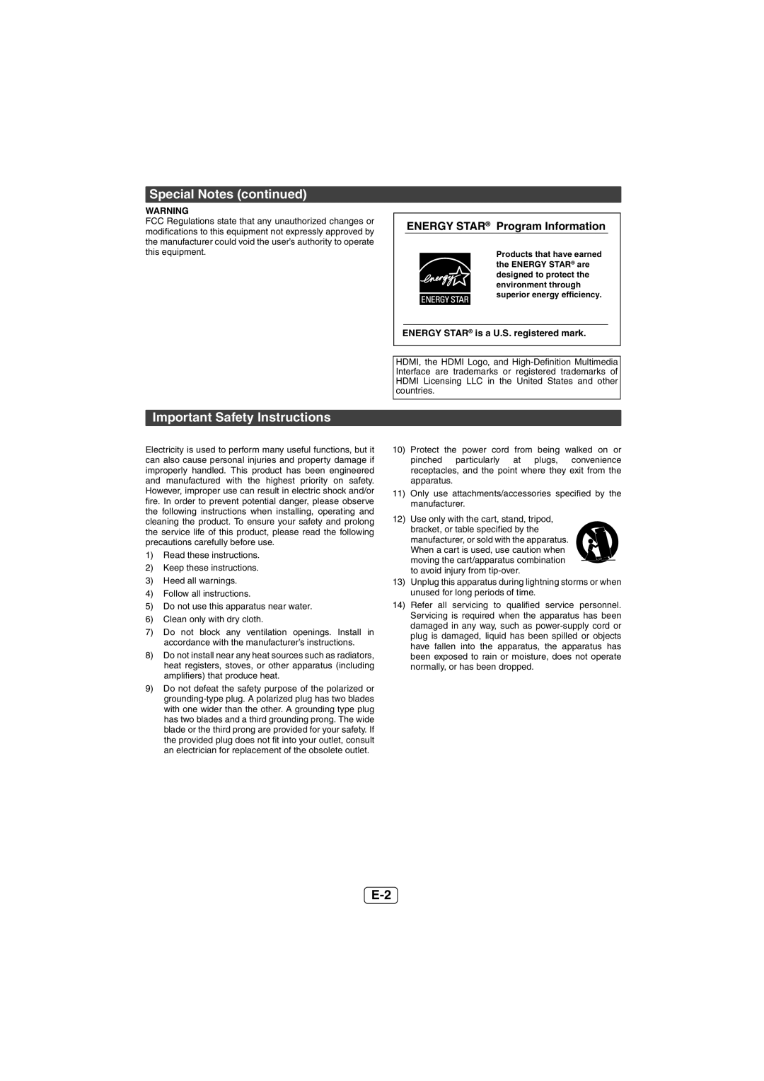 Sharp HT-SL50 operation manual Important Safety Instructions, Energy Star Program Information 