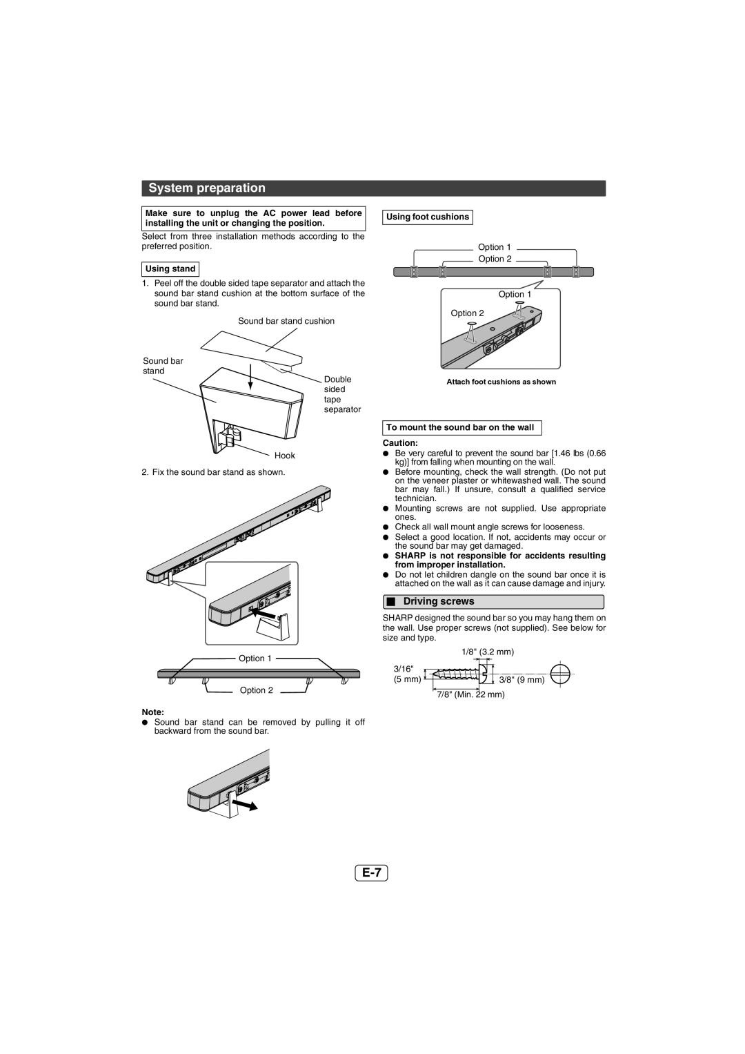 Sharp HT-SL50 System preparation, Driving screws, Using stand, Using foot cushions, To mount the sound bar on the wall 