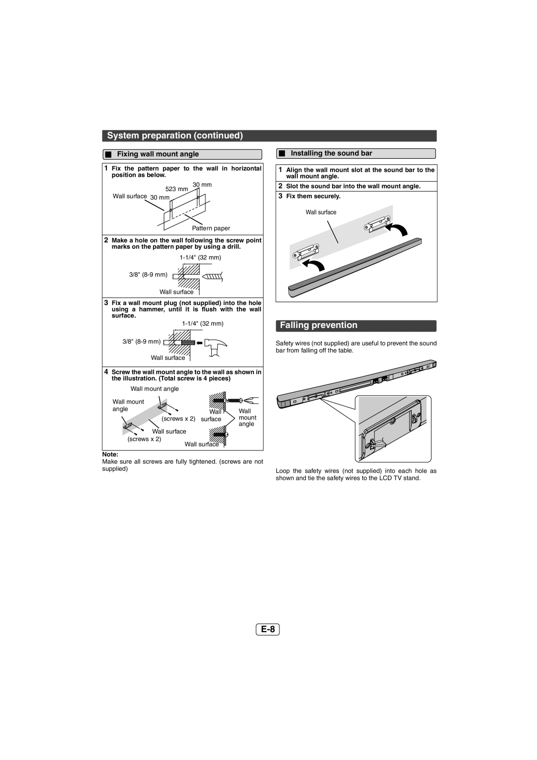 Sharp HT-SL50 operation manual Falling prevention, Fixing wall mount angle, Installing the sound bar 