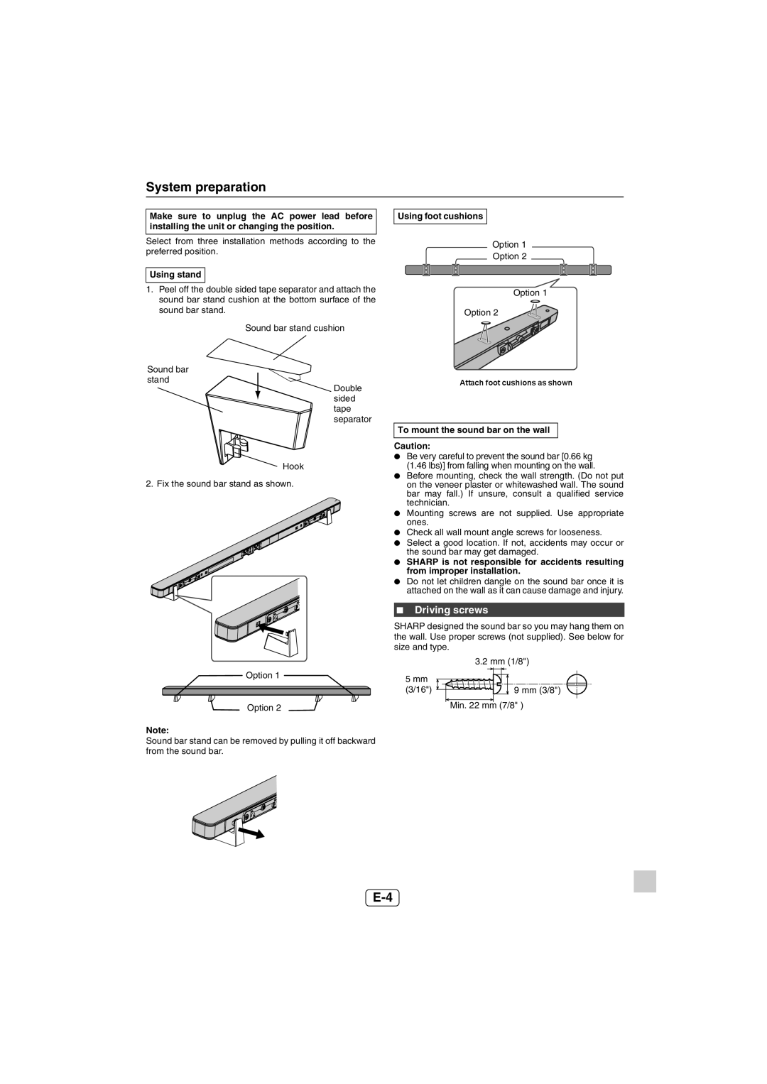 Sharp HT-SL50 System preparation, Driving screws, Using stand, Using foot cushions, To mount the sound bar on the wall 