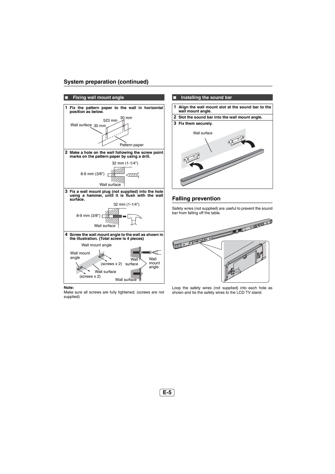 Sharp HT-SL50 operation manual Falling prevention, Fixing wall mount angle, Installing the sound bar 