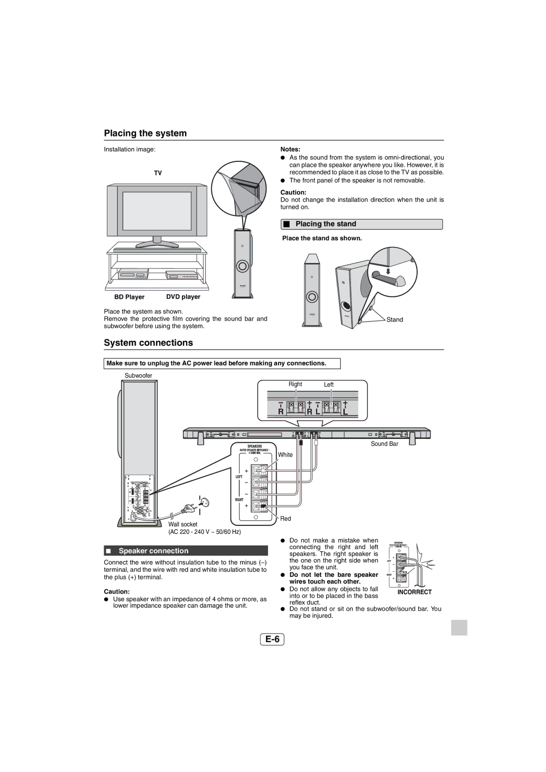 Sharp HT-SL50 operation manual Placing the system, System connections, Speaker connection 