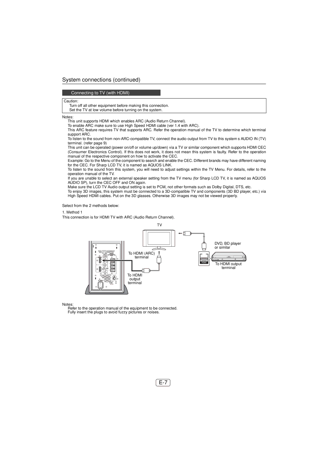 Sharp HT-SL50 operation manual Connecting to TV with Hdmi 