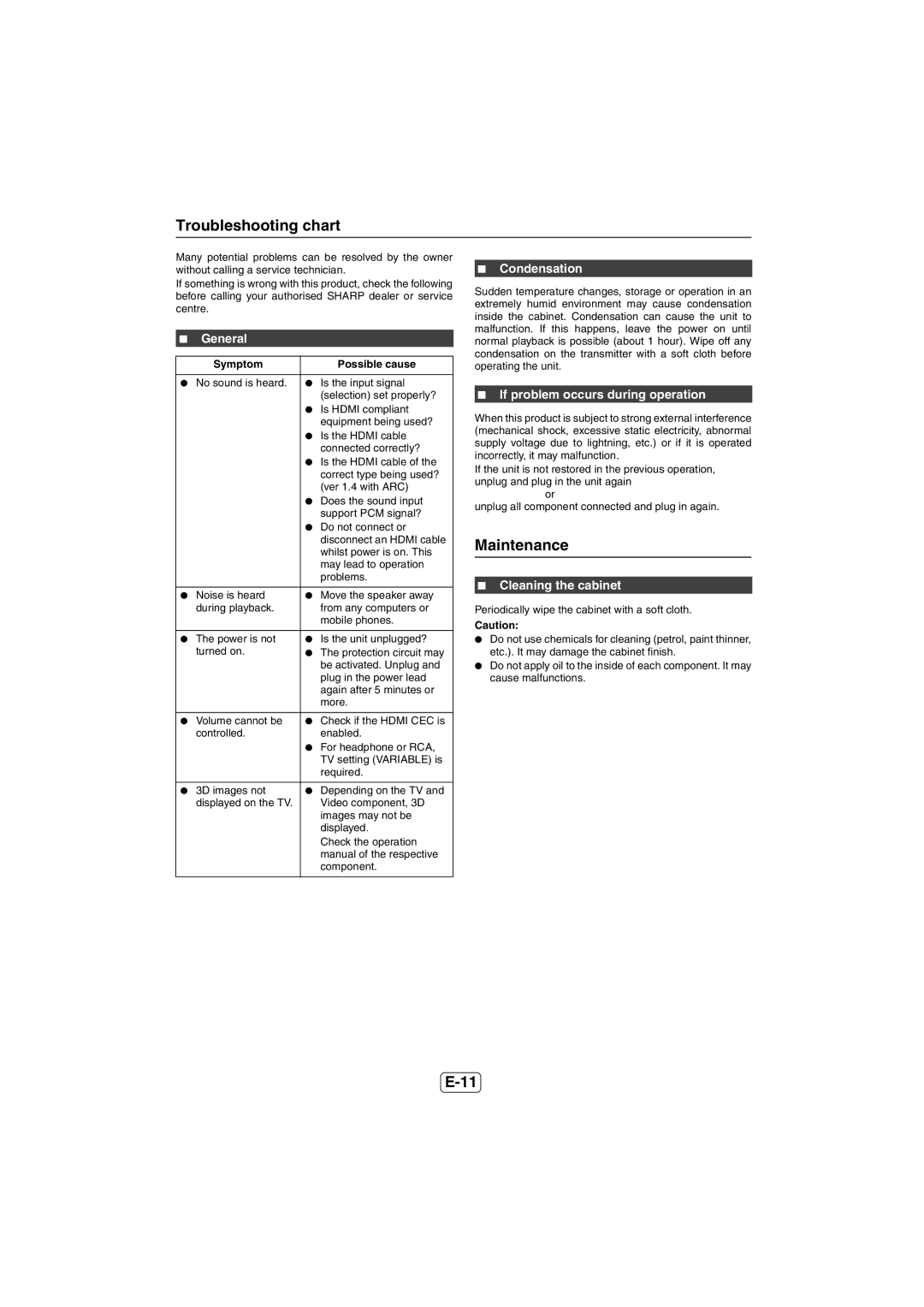 Sharp HT-SL50 Troubleshooting chart, Maintenance, Condensation, If problem occurs during operation, Cleaning the cabinet 