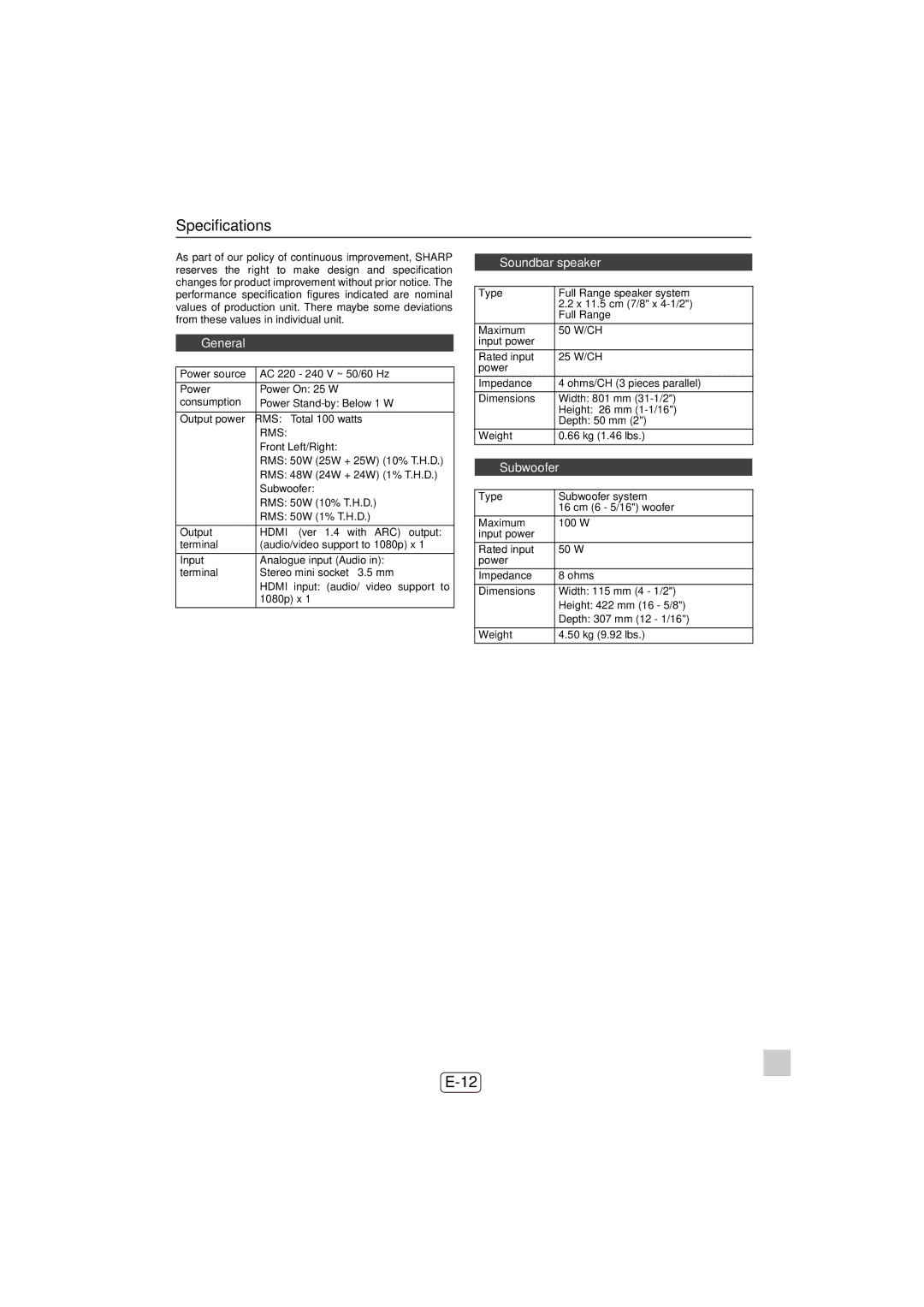 Sharp HT-SL50 operation manual Specifications, Soundbar speaker 