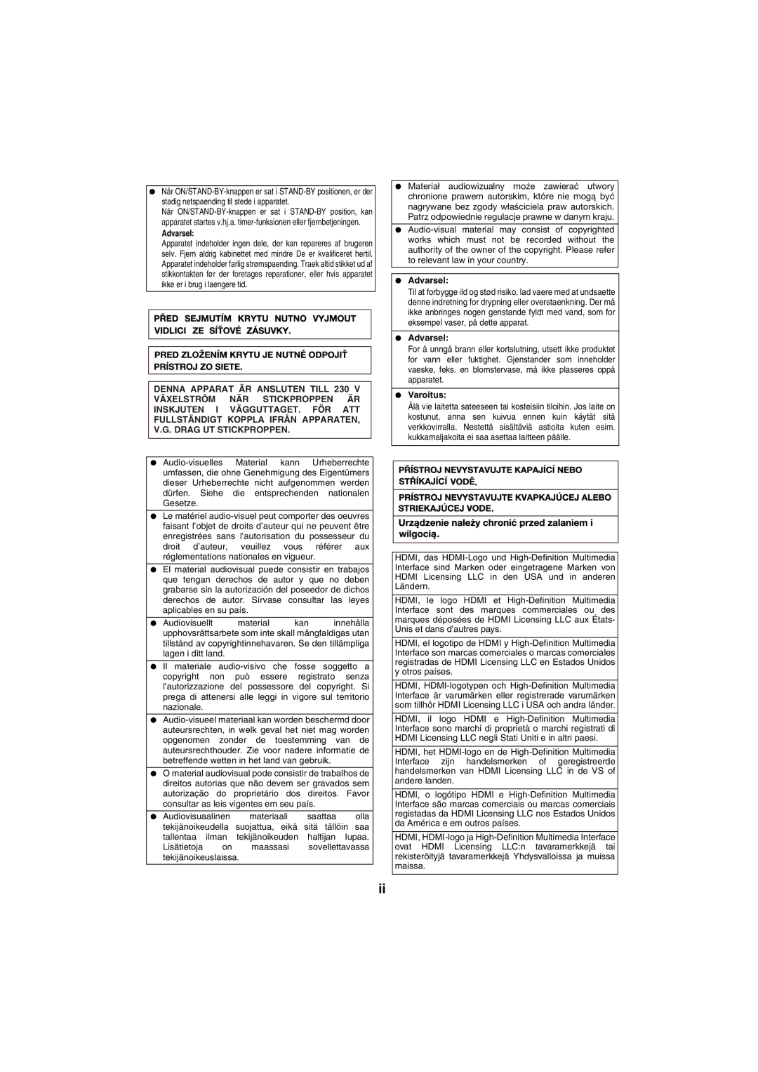 Sharp HT-SL50 operation manual Varoitus 