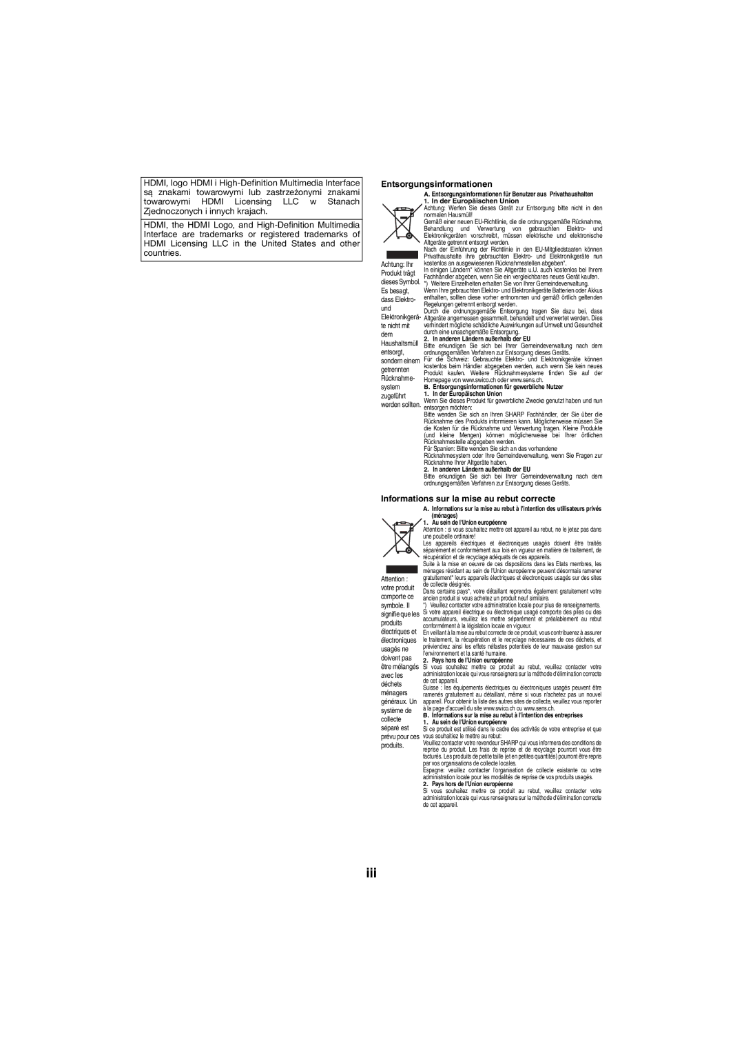 Sharp HT-SL50 operation manual Entsorgungsinformationen, Informations sur la mise au rebut correcte 