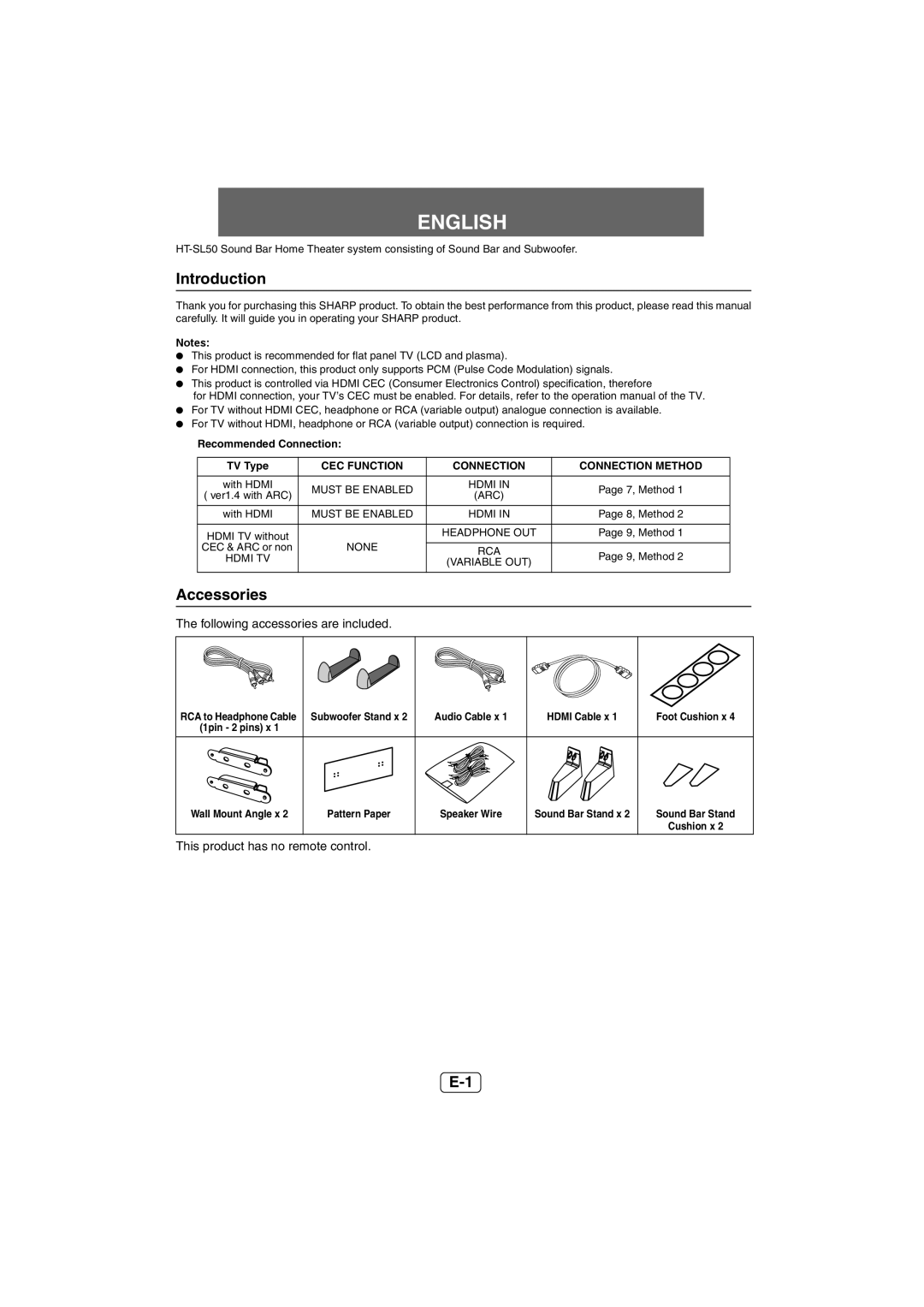 Sharp HT-SL50 operation manual Introduction, Accessories, Recommended Connection TV Type 