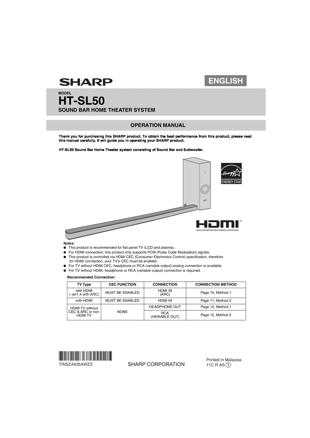 Sharp HT-SL50 operation manual TINSZA935AWZZ, Model, Recommended Connection, TV Type, Cec Function, Connection Method 