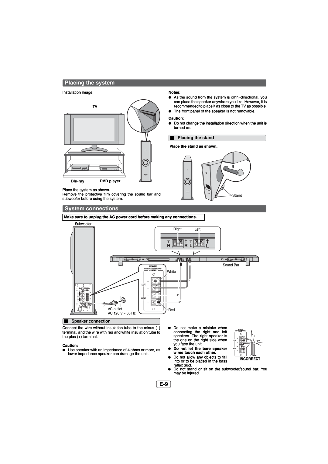 Sharp HT-SL50 operation manual Placing the system, System connections, Placing the stand, Speaker connection, Blu-ray 