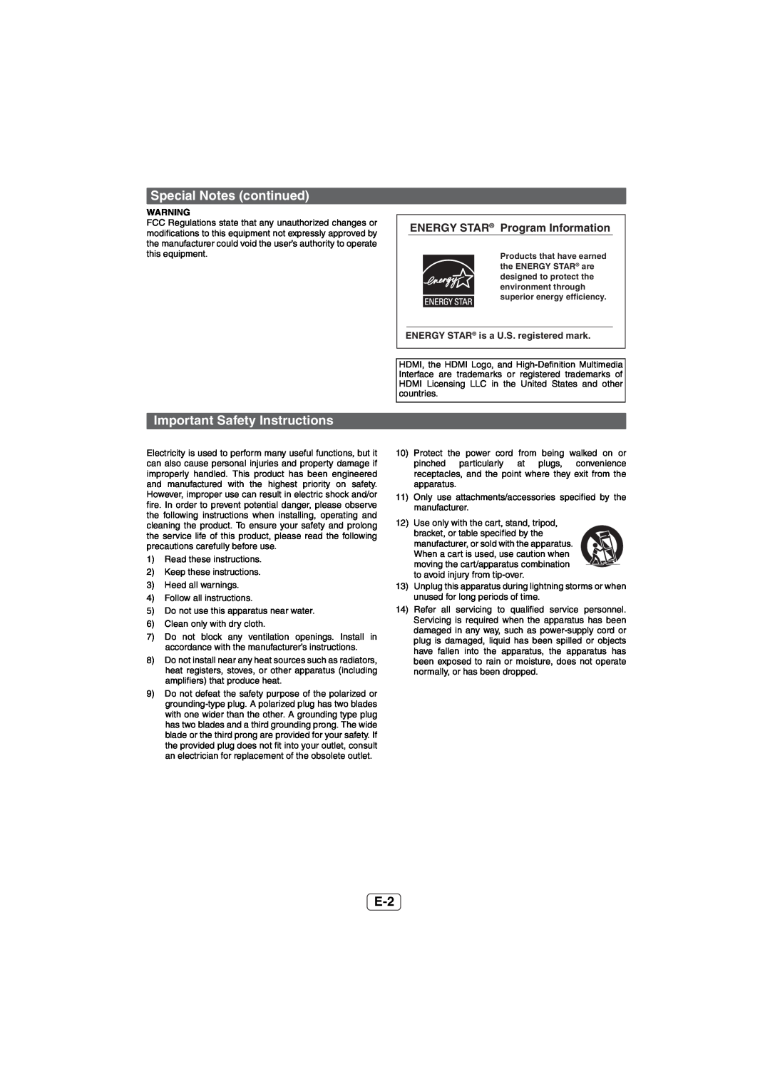 Sharp HT-SL50 operation manual Special Notes continued, Important Safety Instructions, ENERGY STAR Program Information 