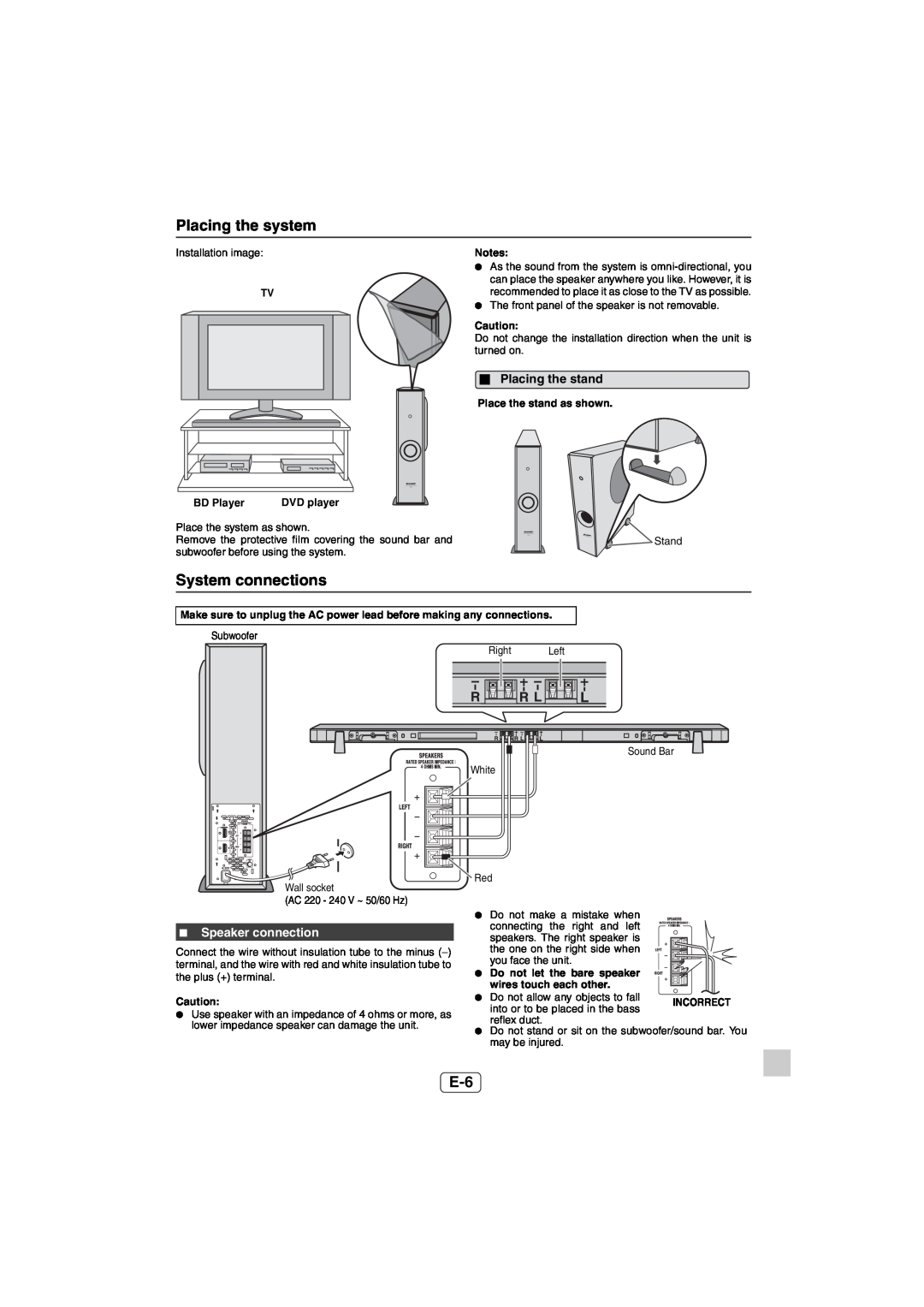 Sharp HT-SL50 operation manual Placing the system, System connections, Placing the stand, Speaker connection 