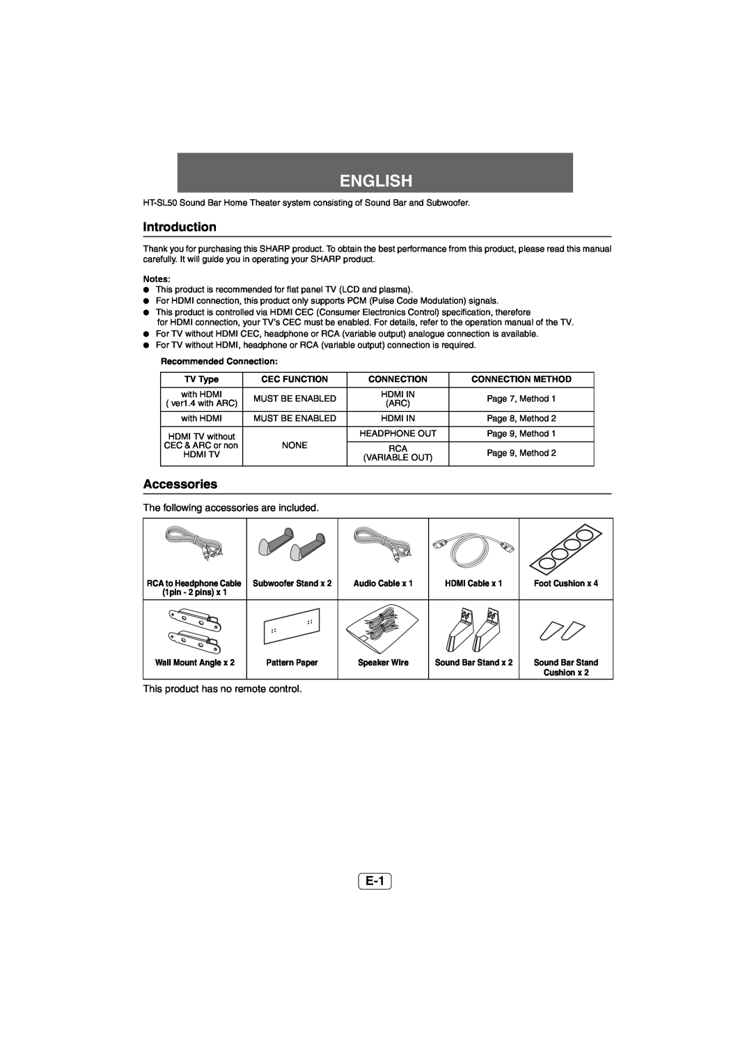 Sharp HT-SL50 operation manual Introduction, Accessories, English, The following accessories are included 