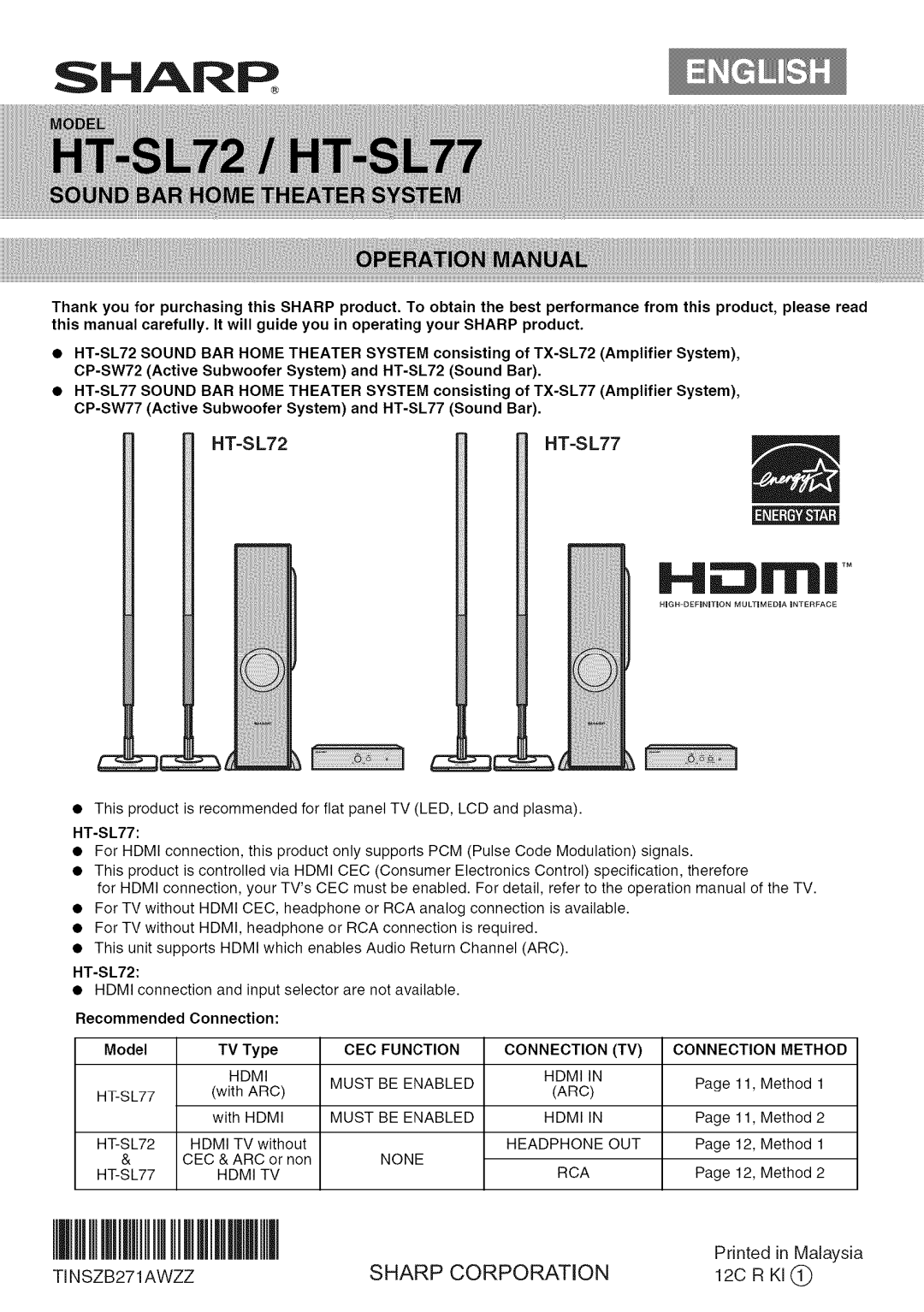 Sharp HT-SL72 operation manual Sharp, Recommended Connection Model 