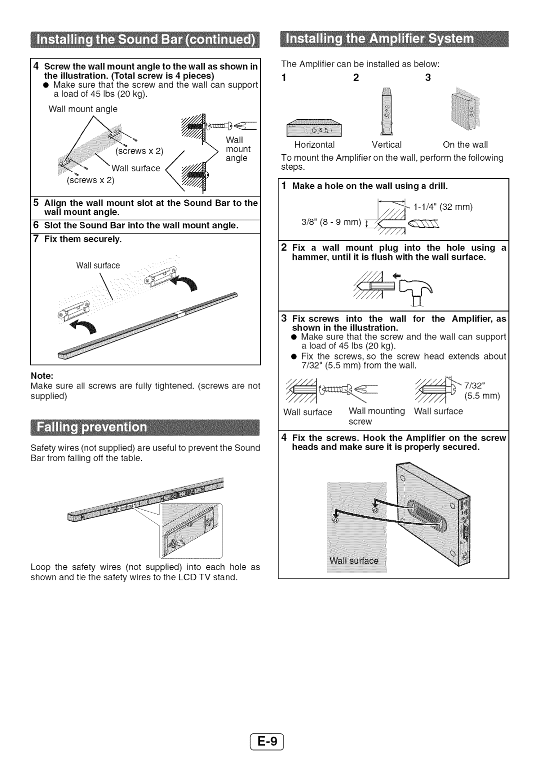 Sharp HT-SL72 operation manual Amplifier can be installed as below 123, Make a hole on the wall using a drill 