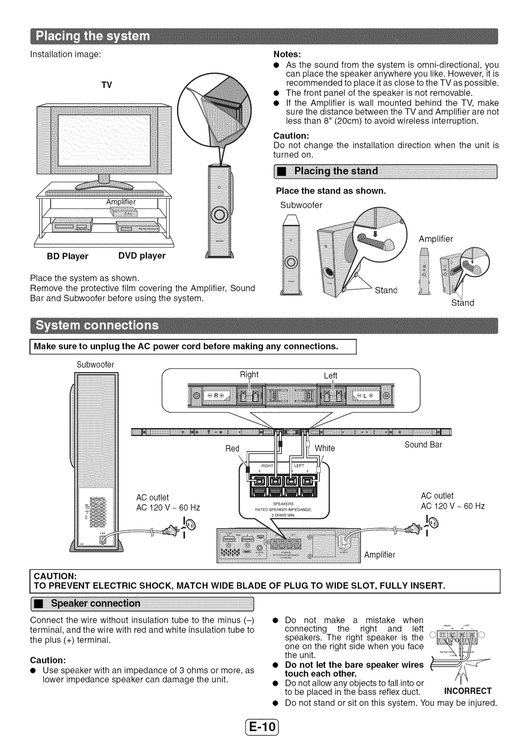 Sharp HT-SL72 operation manual Place the stand as shown, BD Player DVD player 