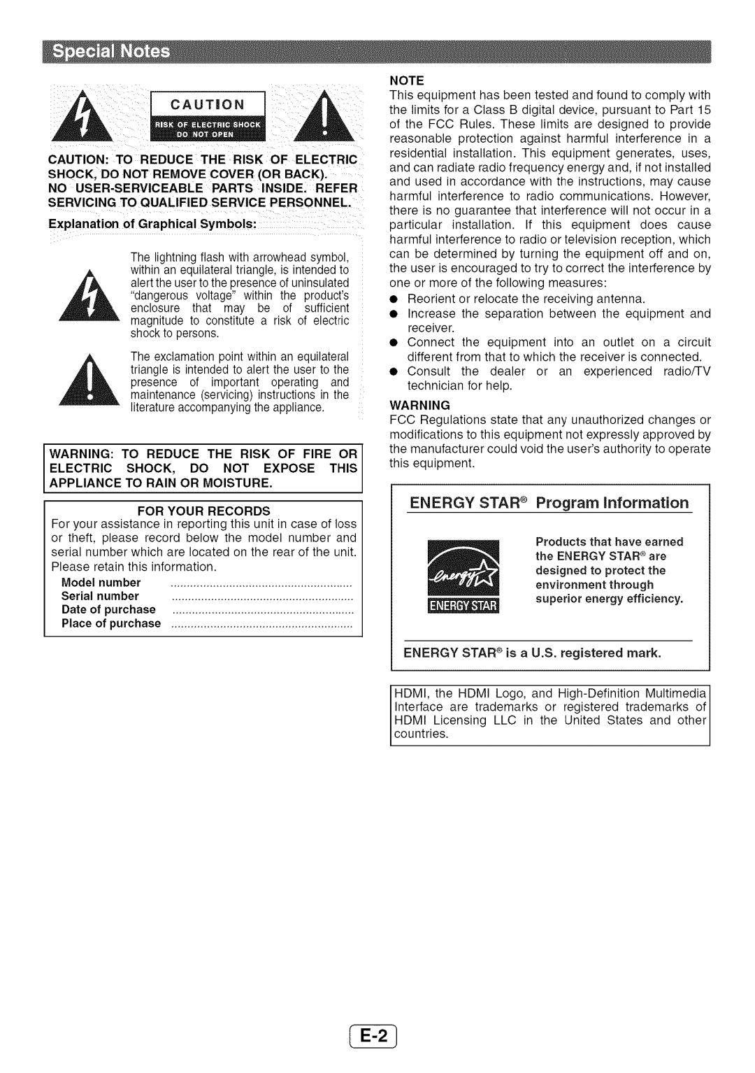 Sharp HT-SL72 operation manual Energy Star Program information, Explanation of Graphical Symbols 