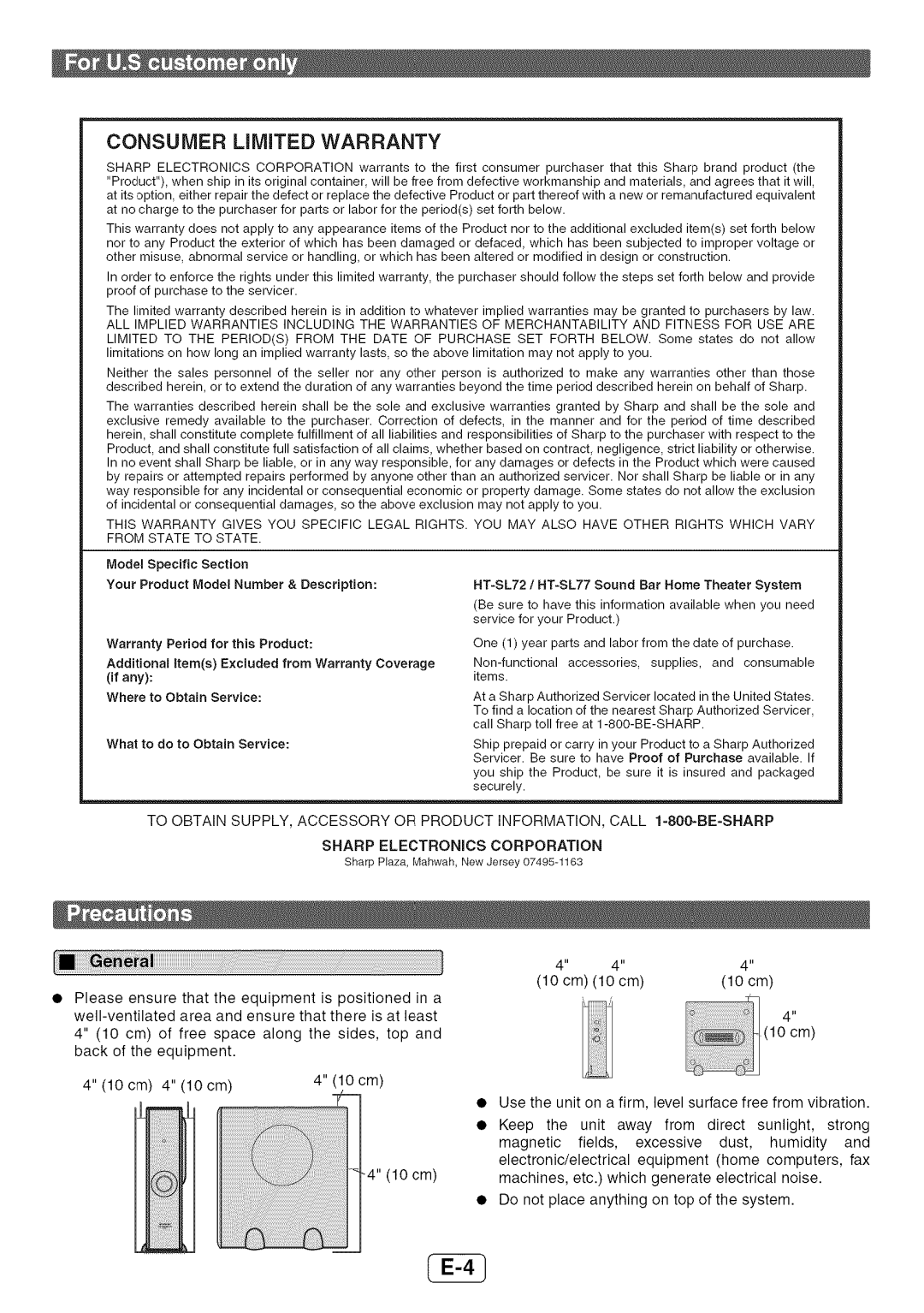 Sharp HT-SL72 operation manual Consumer LiMiTED Warranty 