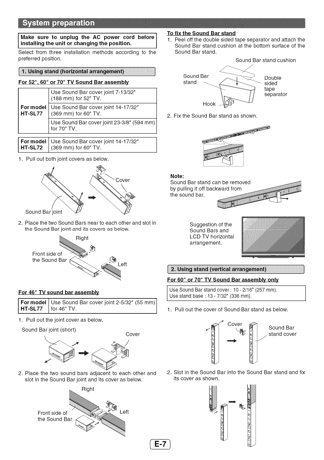 Sharp HT-SL72 To fix the Sound Bar stand, For 52 60 or 70 TV Sound Bar assembly, For 46 TV sound bar assembly 