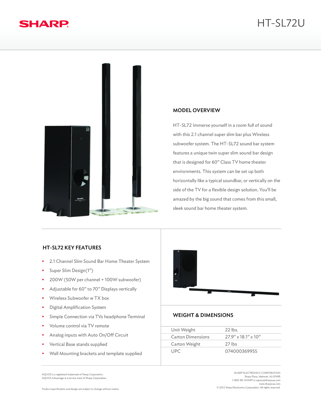 Sharp dimensions HT-SL72U, Model Overview, HT-SL72 KEY Features, Weight & Dimensions, Upc 