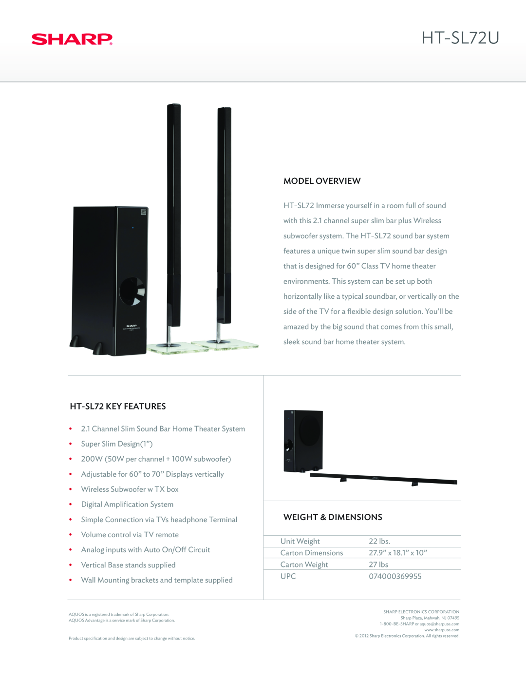 Sharp dimensions HT-SL72U, Model Overview, HT-SL72KEY FEATURES, Weight & Dimensions 