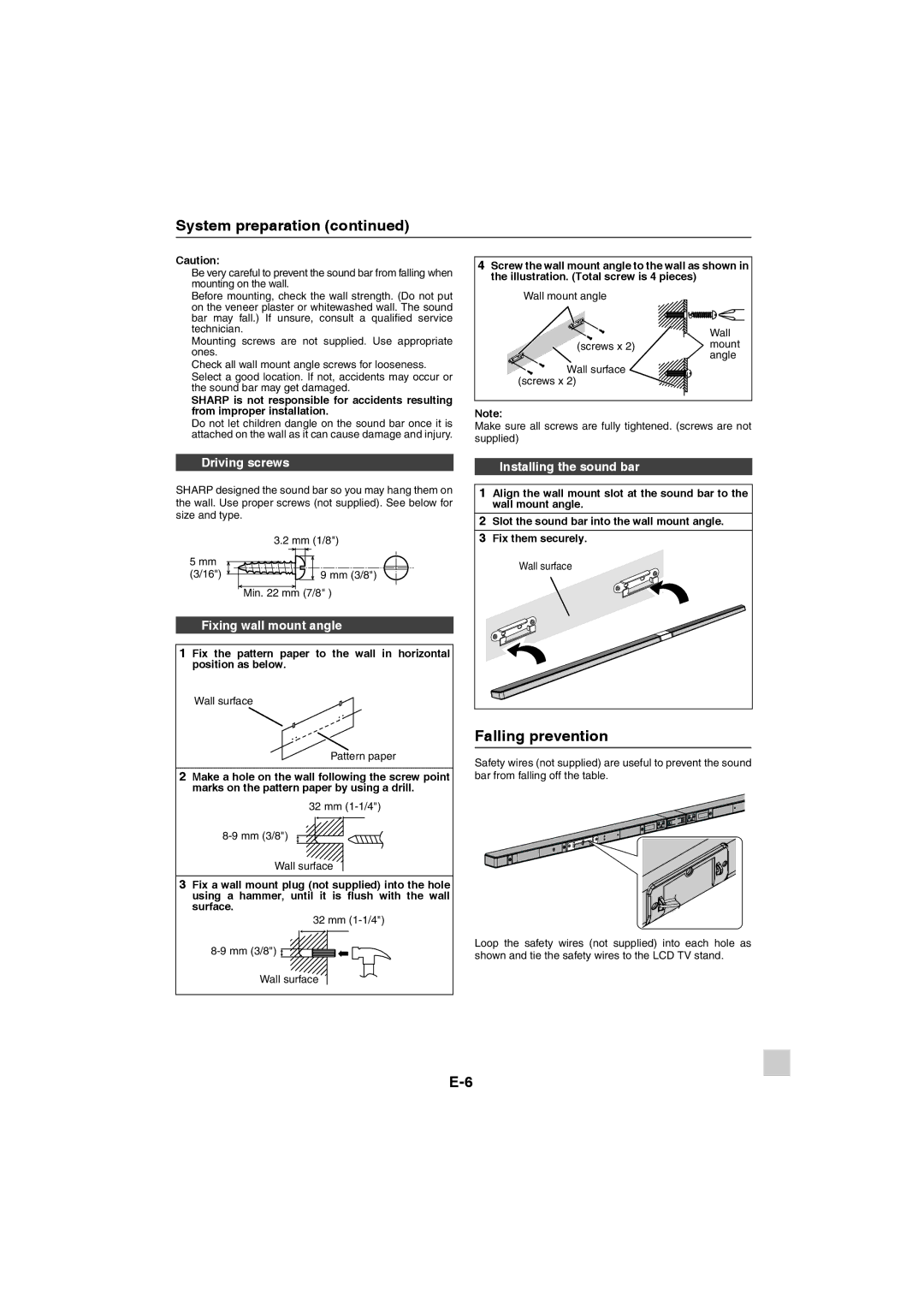 Sharp HT-SL70, HT-SL75 Falling prevention, Driving screws, Fixing wall mount angle, Installing the sound bar 