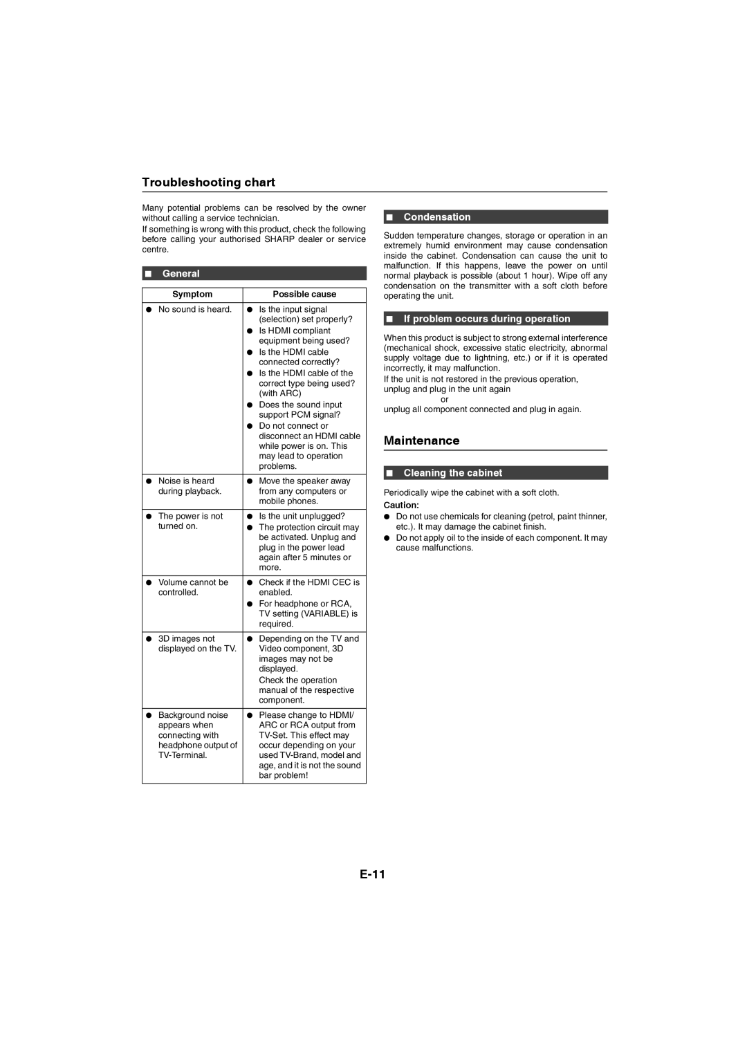 Sharp HT-SL75 Troubleshooting chart, Maintenance, Condensation, If problem occurs during operation, Cleaning the cabinet 