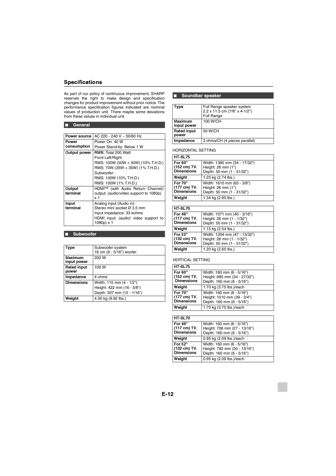 Sharp HT-SL70, HT-SL75 operation manual Specifications, Soundbar speaker 