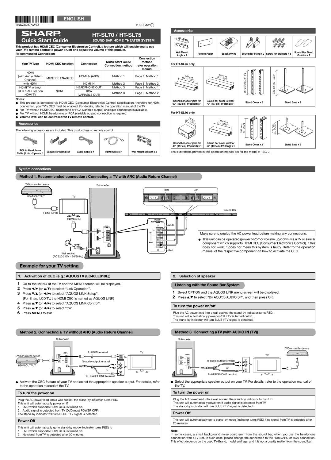 Sharp HT-SL70, HT-SL75 quick start Accessories, System connections 