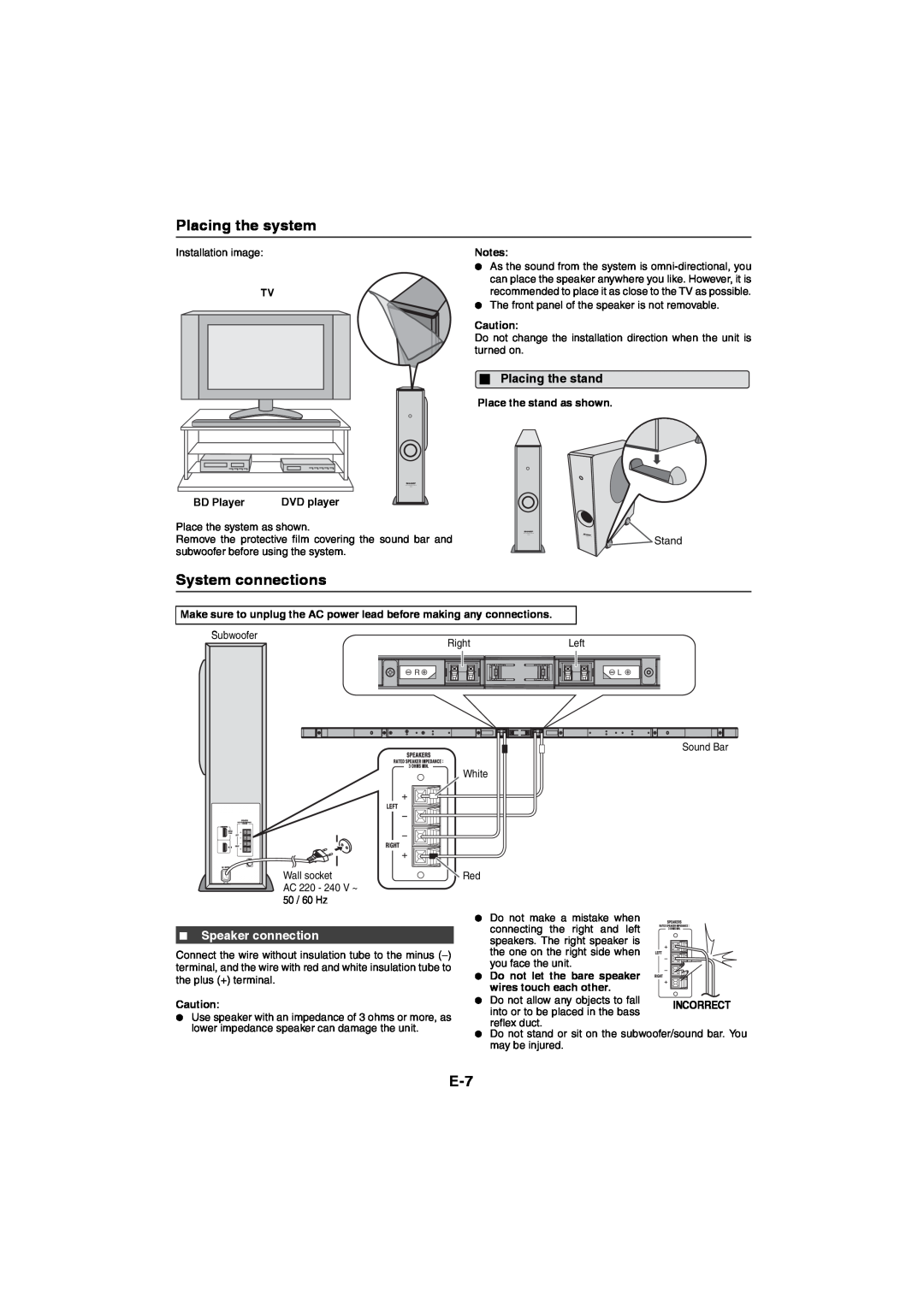 Sharp HT-SL75, HT-SL70 operation manual Placing the system, System connections, Placing the stand, Speaker connection 