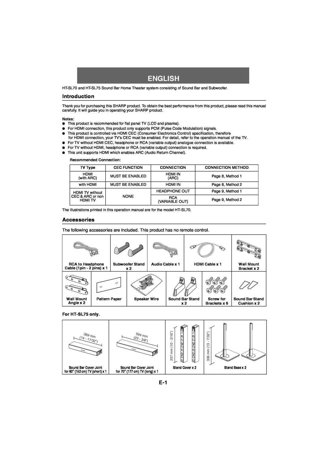 Sharp HT-SL70 operation manual Introduction, Accessories, English, For HT-SL75only 
