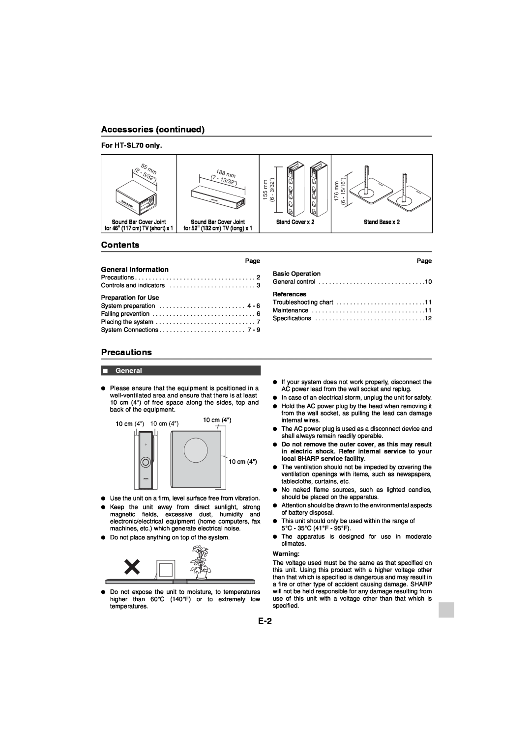 Sharp HT-SL75 operation manual Accessories continued, Contents, Precautions, For HT-SL70only, General Information 